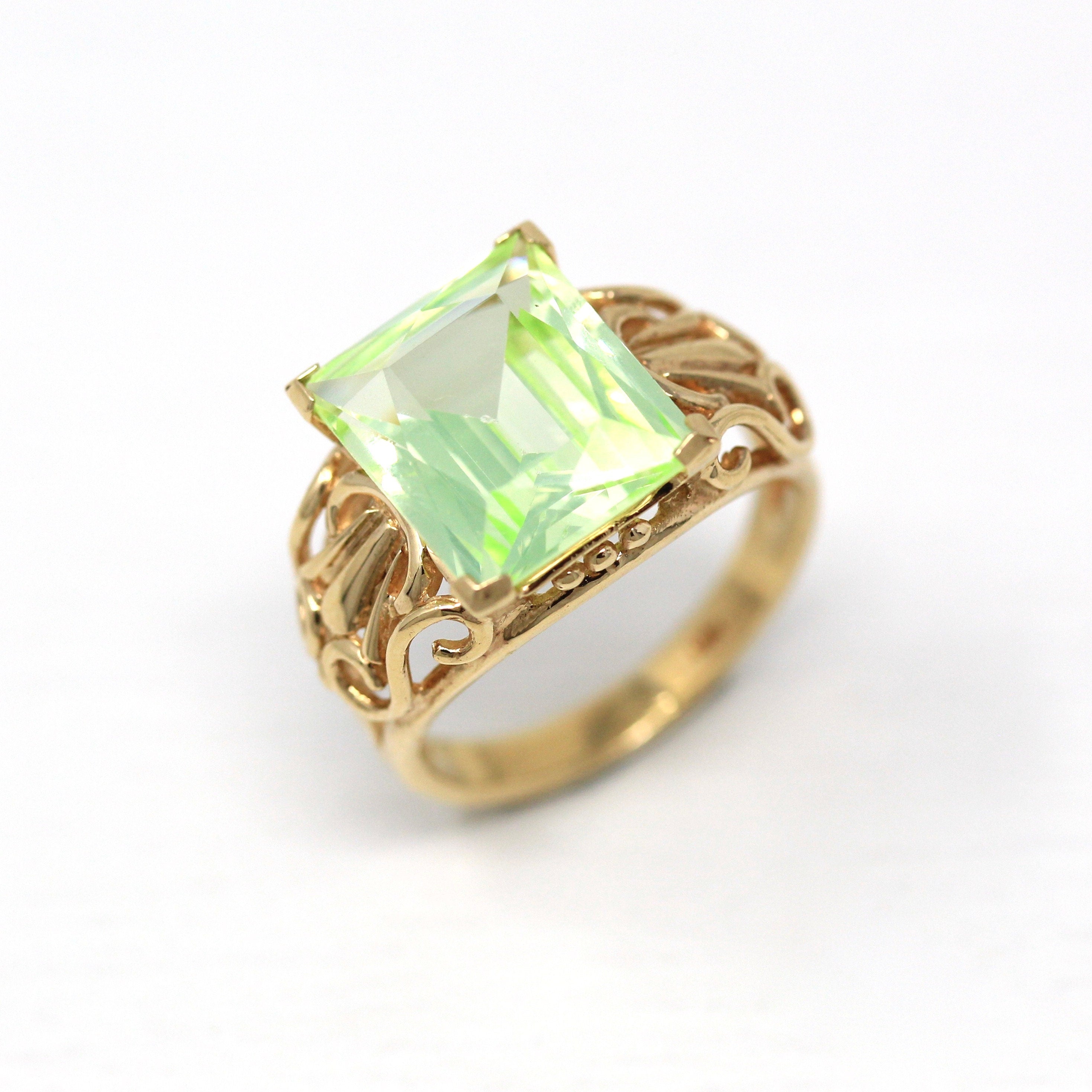 Sale - Created Spinel Ring - Retro 10k Yellow Gold Rectangular Faceted 7.50 CT Green Stone - Vintage 1960s Era Size 6 1/2 Statement Jewelry