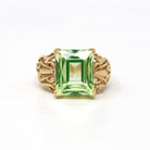 Sale - Created Spinel Ring - Retro 10k Yellow Gold Rectangular Faceted 7.50 CT Green Stone - Vintage 1960s Era Size 6 1/2 Statement Jewelry