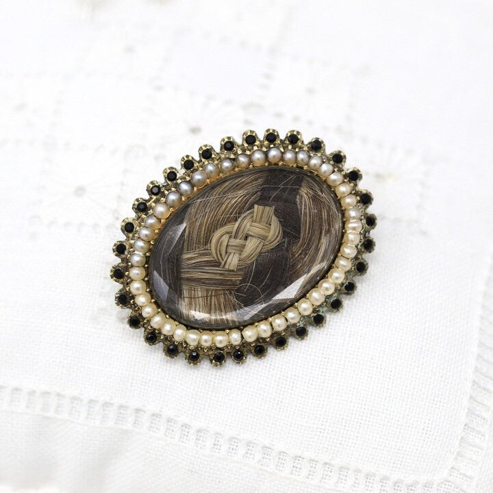 Sale - Antique Hair Brooch - Victorian 10k Yellow Gold Blonde Brown Woven Human Hair Lock Pin - Circa 1890s Seed Pearl & Black Glass Jewelry