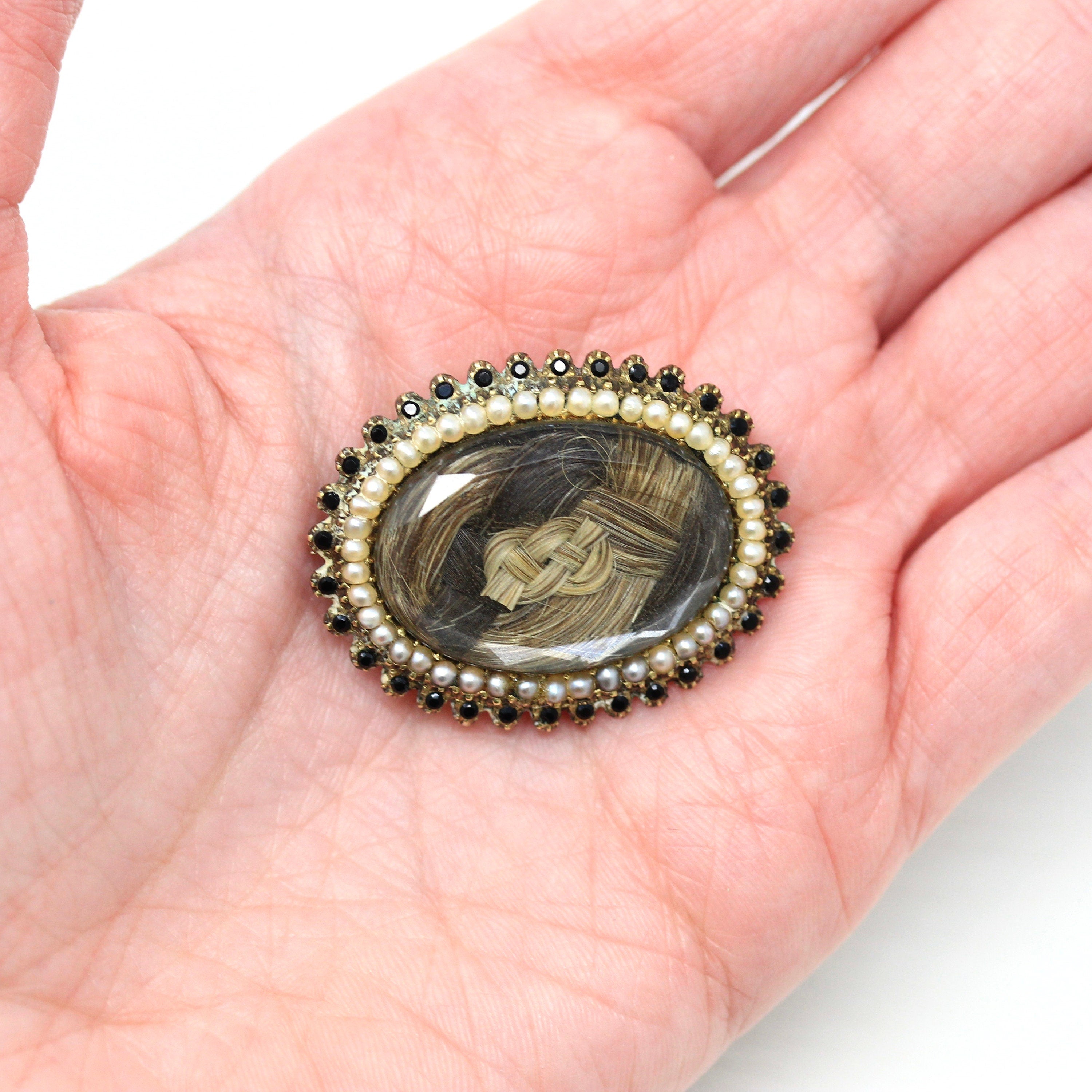 Sale - Antique Hair Brooch - Victorian 10k Yellow Gold Blonde Brown Woven Human Hair Lock Pin - Circa 1890s Seed Pearl & Black Glass Jewelry