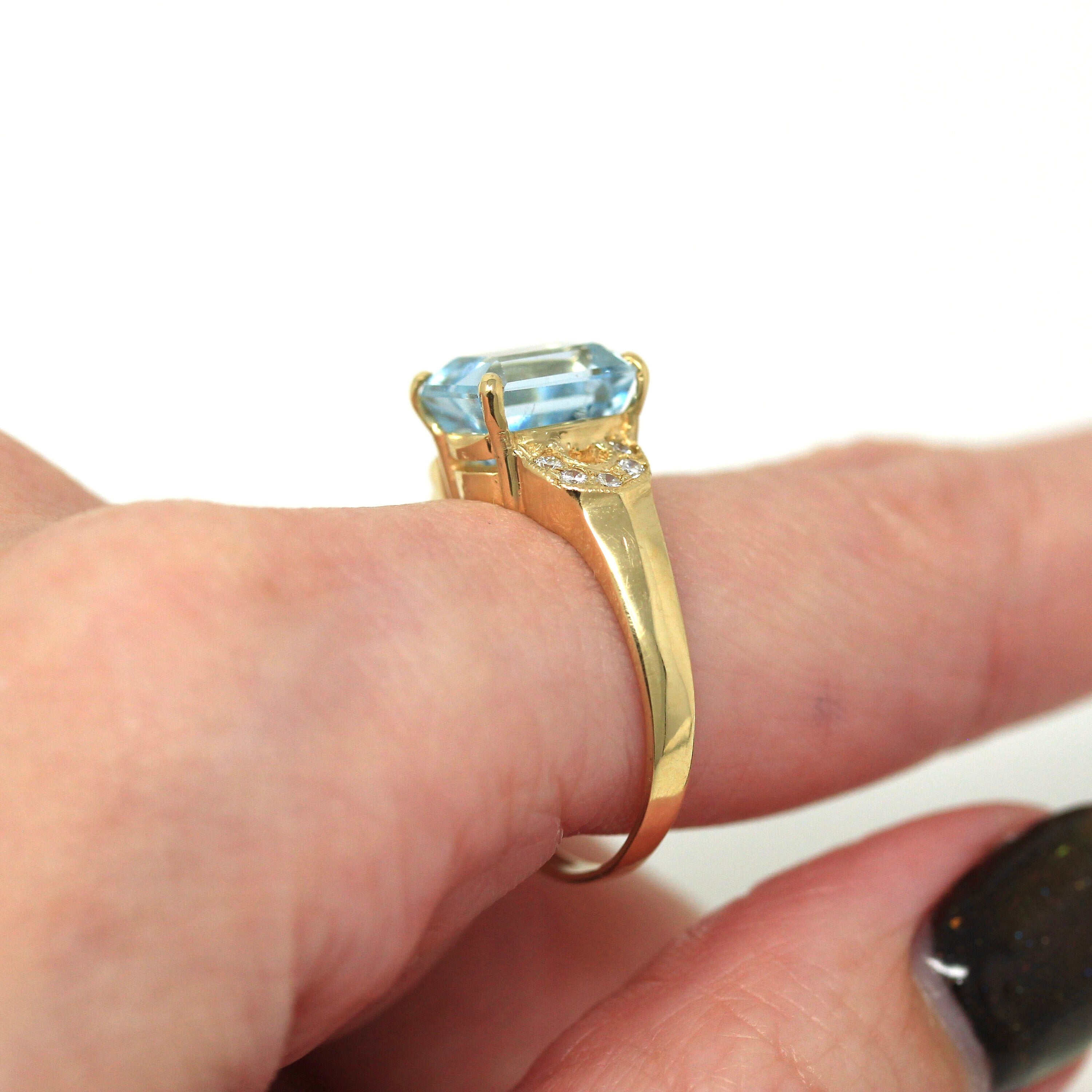 Sale - Genuine Aquamarine Ring - Modern 14k Yellow Gold Emerald Cut 2.82 CT Blue Gem - Estate Circa 2000's Size 7 1/4 Diamond Fine Jewelry