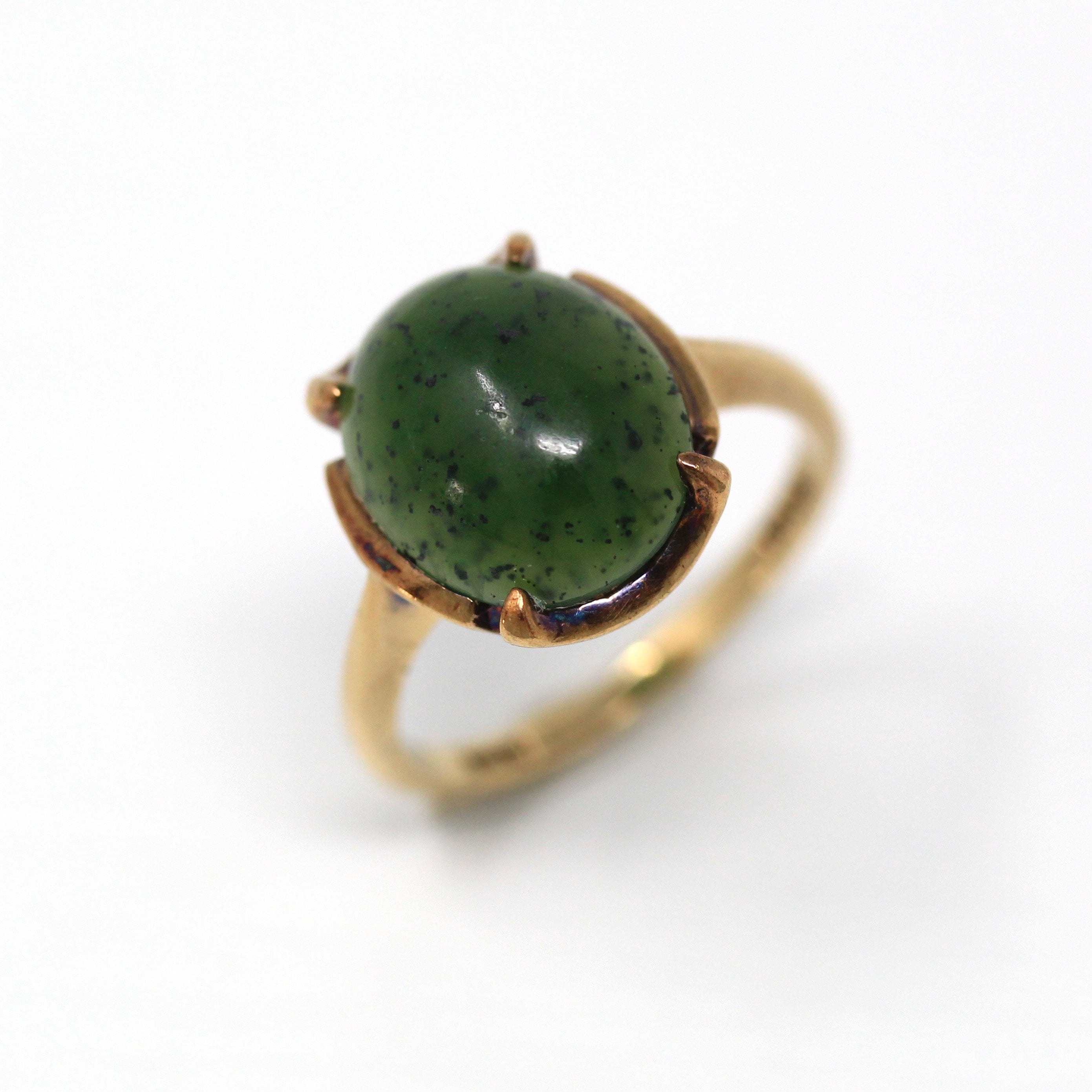 Sale - Nephrite Jade Ring - Retro 10k Yellow Gold Genuine Cabochon Cut 3.80 CT Gem - Vintage Circa 1960s Era Size 5 Statement Fine Jewelry