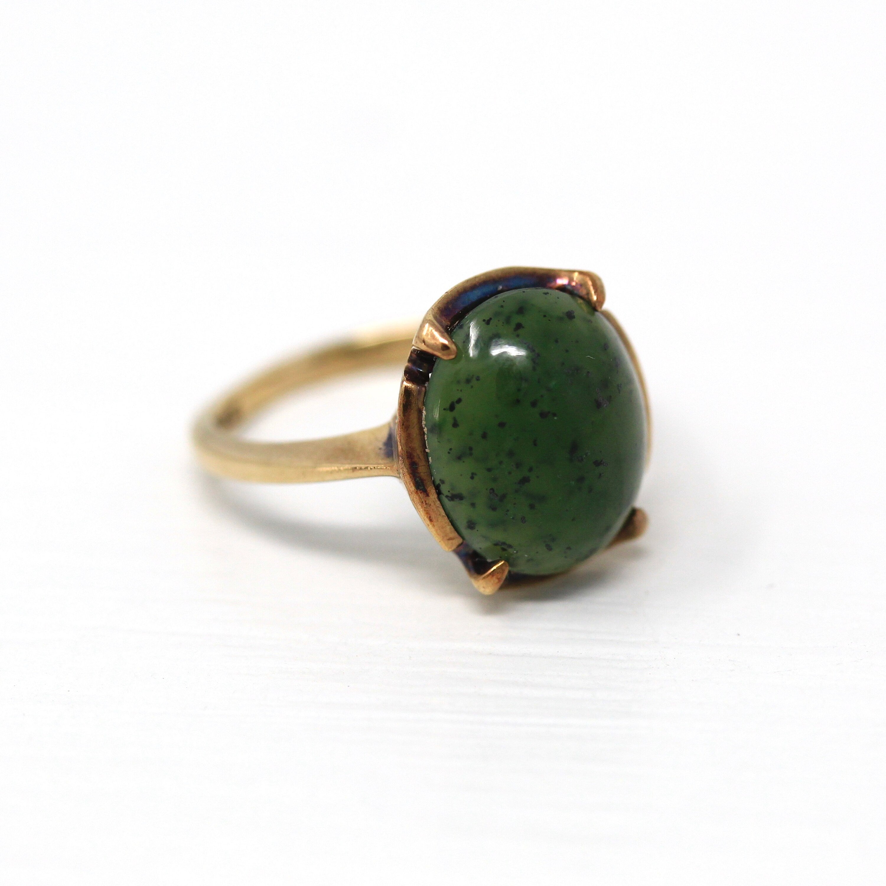 Sale - Nephrite Jade Ring - Retro 10k Yellow Gold Genuine Cabochon Cut 3.80 CT Gem - Vintage Circa 1960s Era Size 5 Statement Fine Jewelry