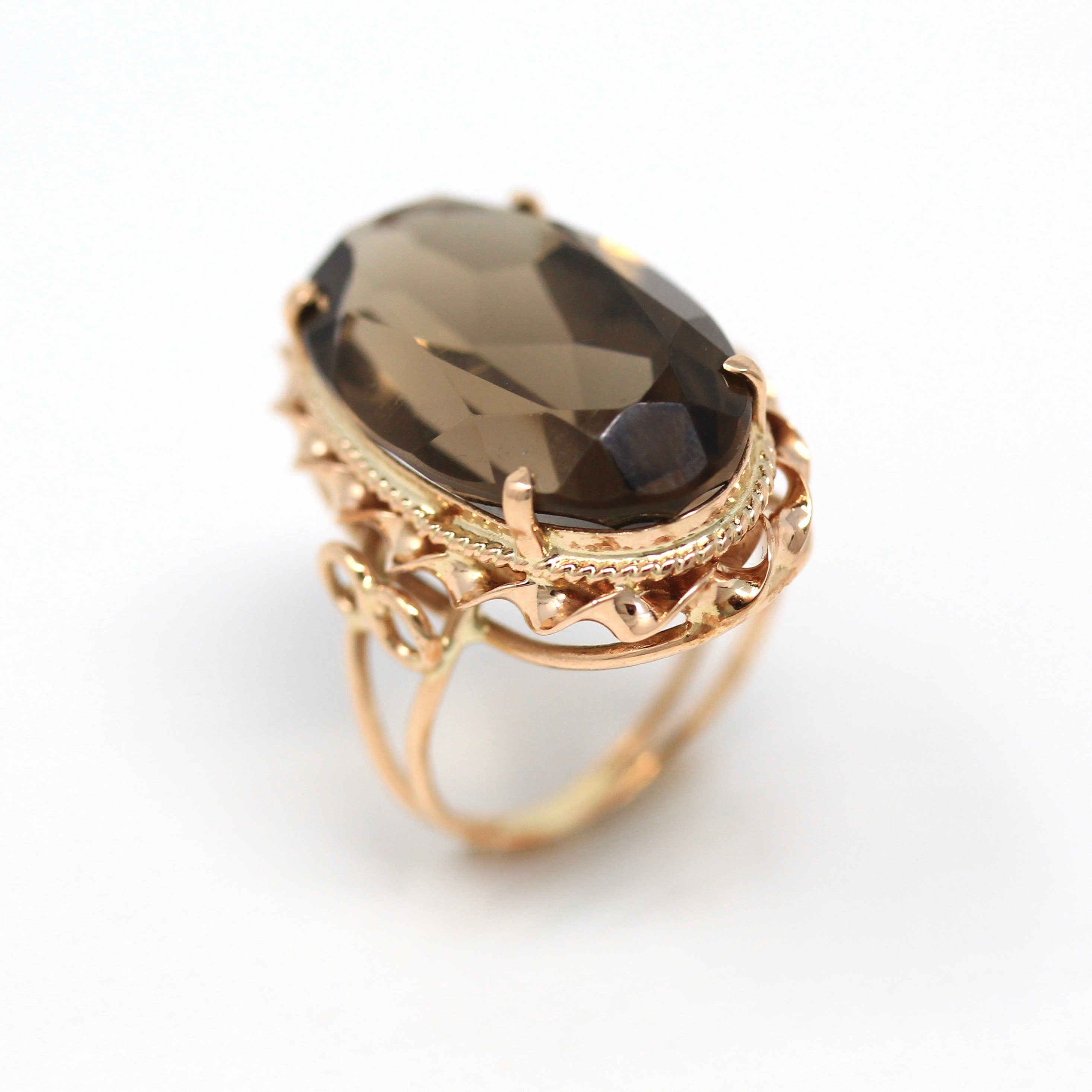 Sale - Smoky Quartz Ring - Retro 14k Rose Gold Genuine Oval Faceted 12.36 CT Brown Gem - Vintage Circa 1970s Size 5 1/4 Statement Jewelry