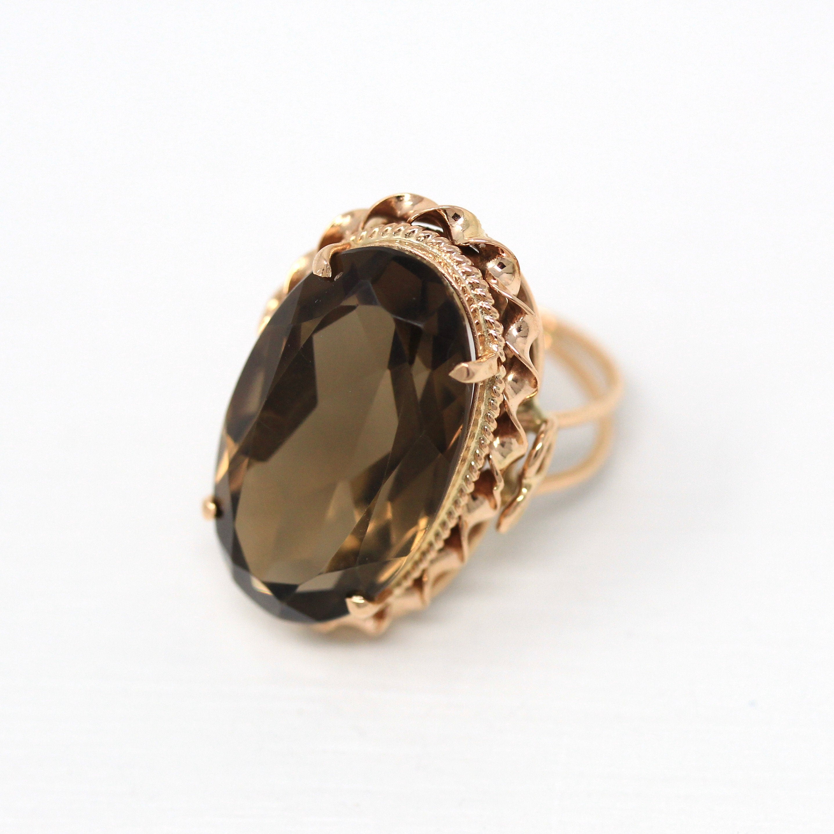 Sale - Smoky Quartz Ring - Retro 14k Rose Gold Genuine Oval Faceted 12.36 CT Brown Gem - Vintage Circa 1970s Size 5 1/4 Statement Jewelry