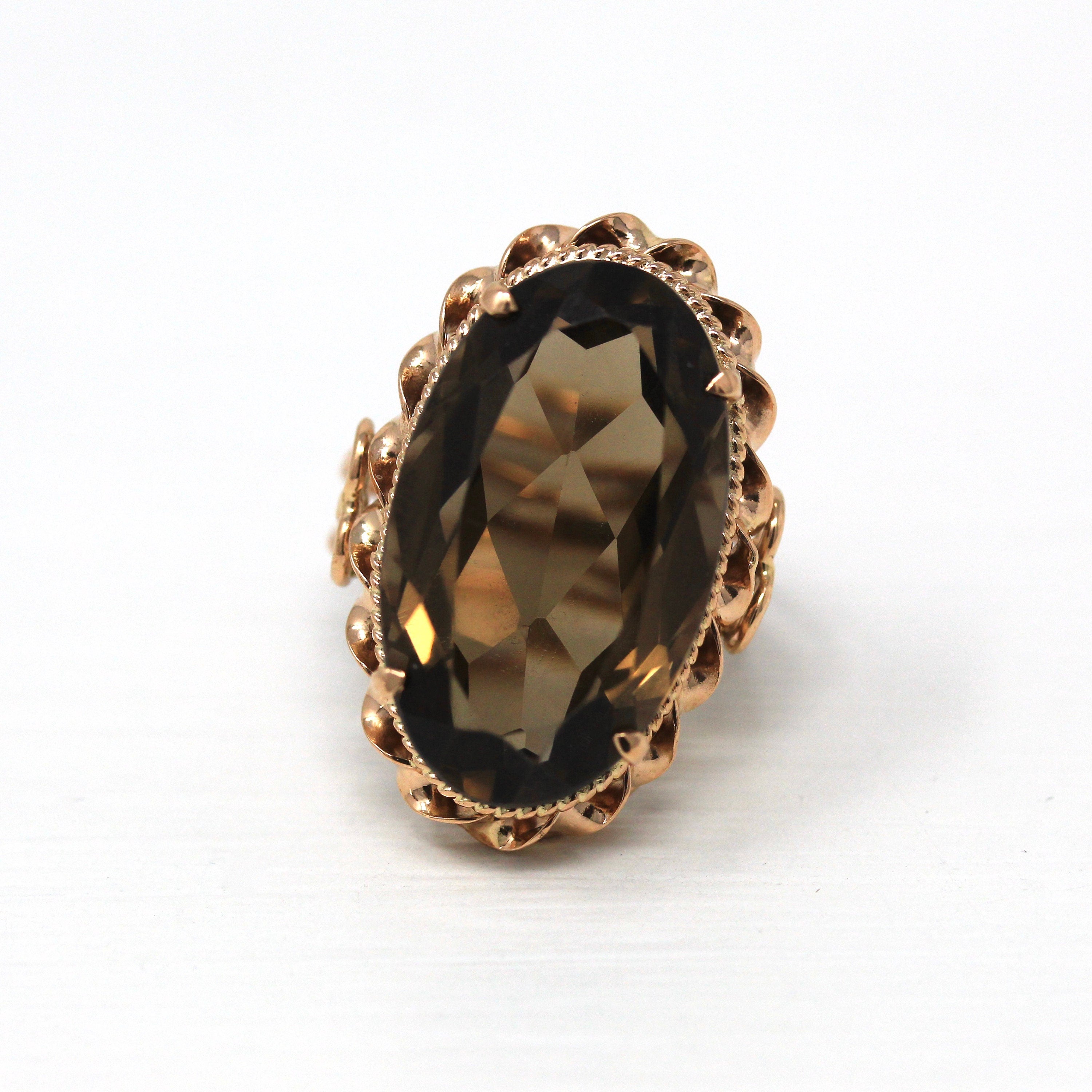 Sale - Smoky Quartz Ring - Retro 14k Rose Gold Genuine Oval Faceted 12.36 CT Brown Gem - Vintage Circa 1970s Size 5 1/4 Statement Jewelry