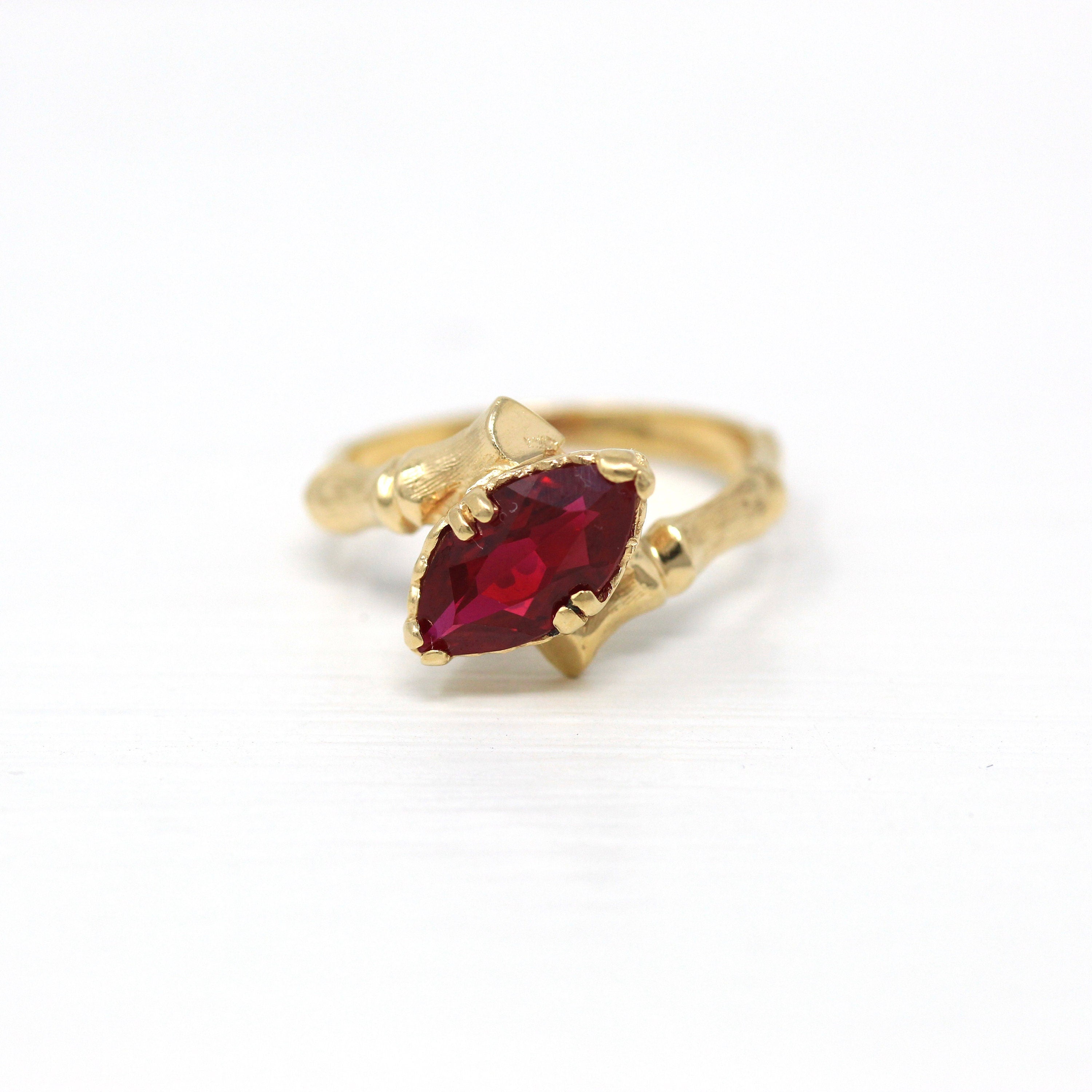 Sale - Created Ruby Ring - Retro 14k Yellow Gold Marquise Cut Stone Bamboo Branch - Vintage 1970s Size 7 1/4 July Birthstone Fine Jewelry