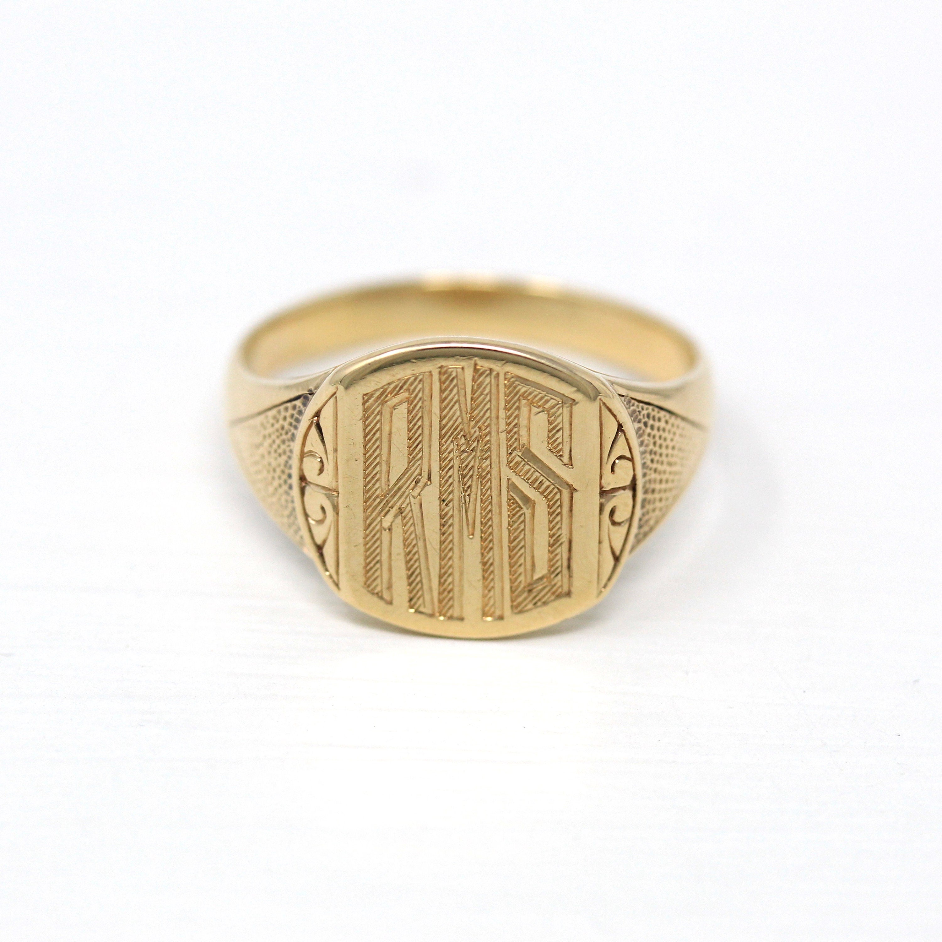 Sale - Letters "RMS" Signet - Art Deco 10k Yellow Gold Three Monogrammed Initials Ring - Vintage Circa 1930s Size 10 3/4 Statement Jewelry