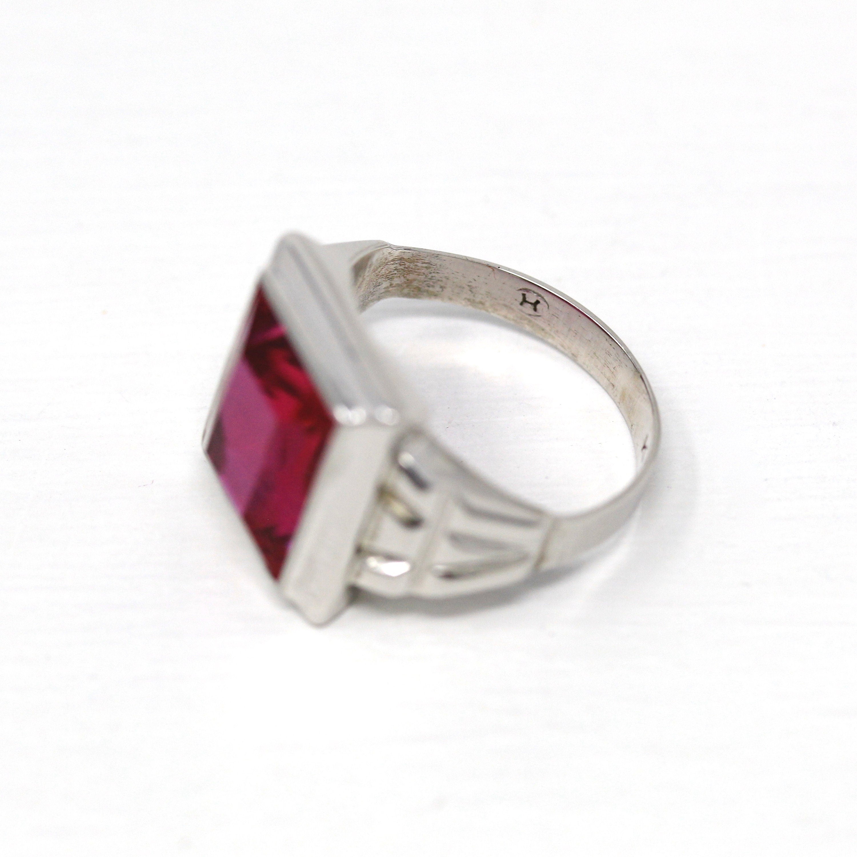 Sale - Created Ruby Ring - Art Deco 10k White Gold Rectangular Faceted 6.46 CT Pink Stone - Vintage 1930s Era Size 6 July Birthstone Jewelry