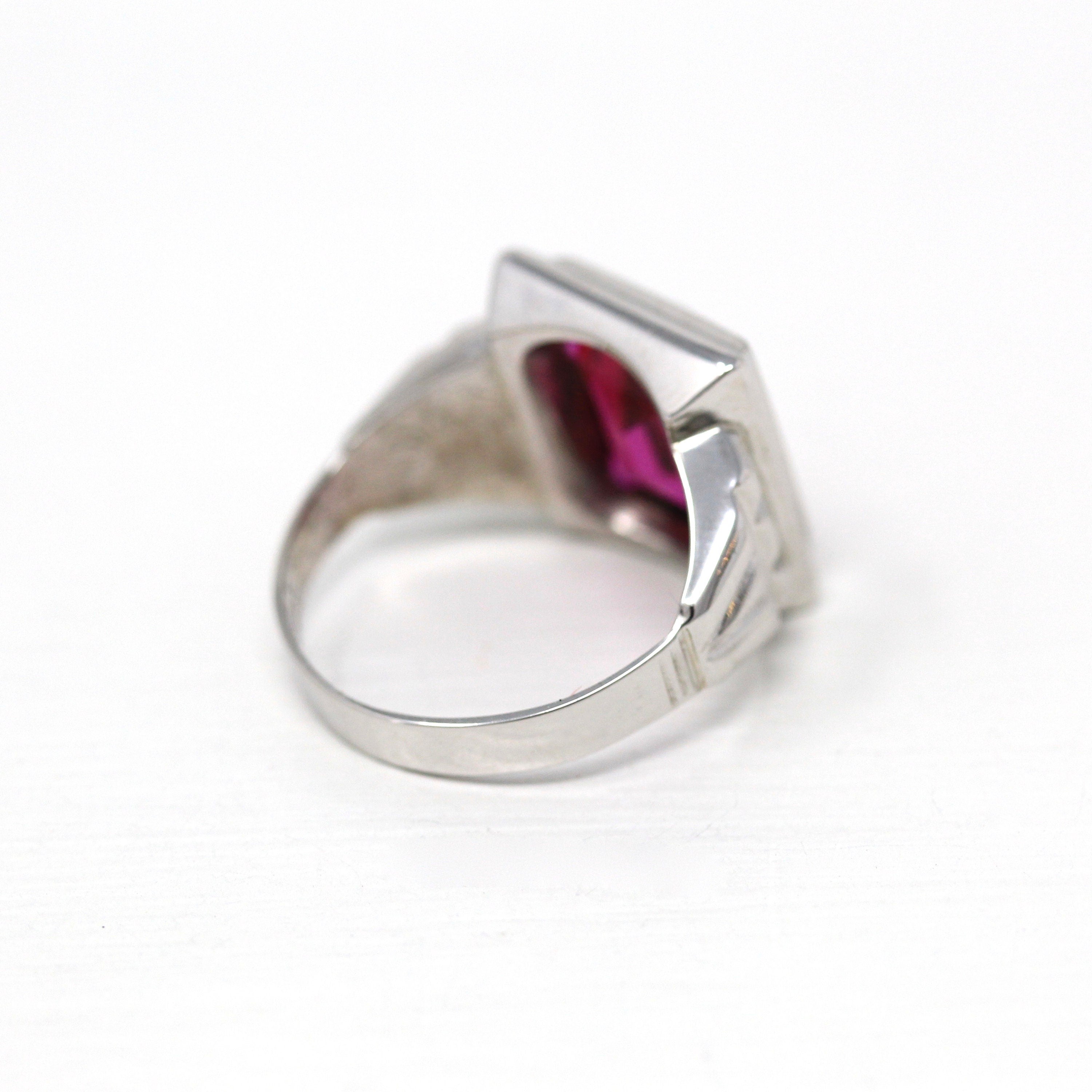 Sale - Created Ruby Ring - Art Deco 10k White Gold Rectangular Faceted 6.46 CT Pink Stone - Vintage 1930s Era Size 6 July Birthstone Jewelry