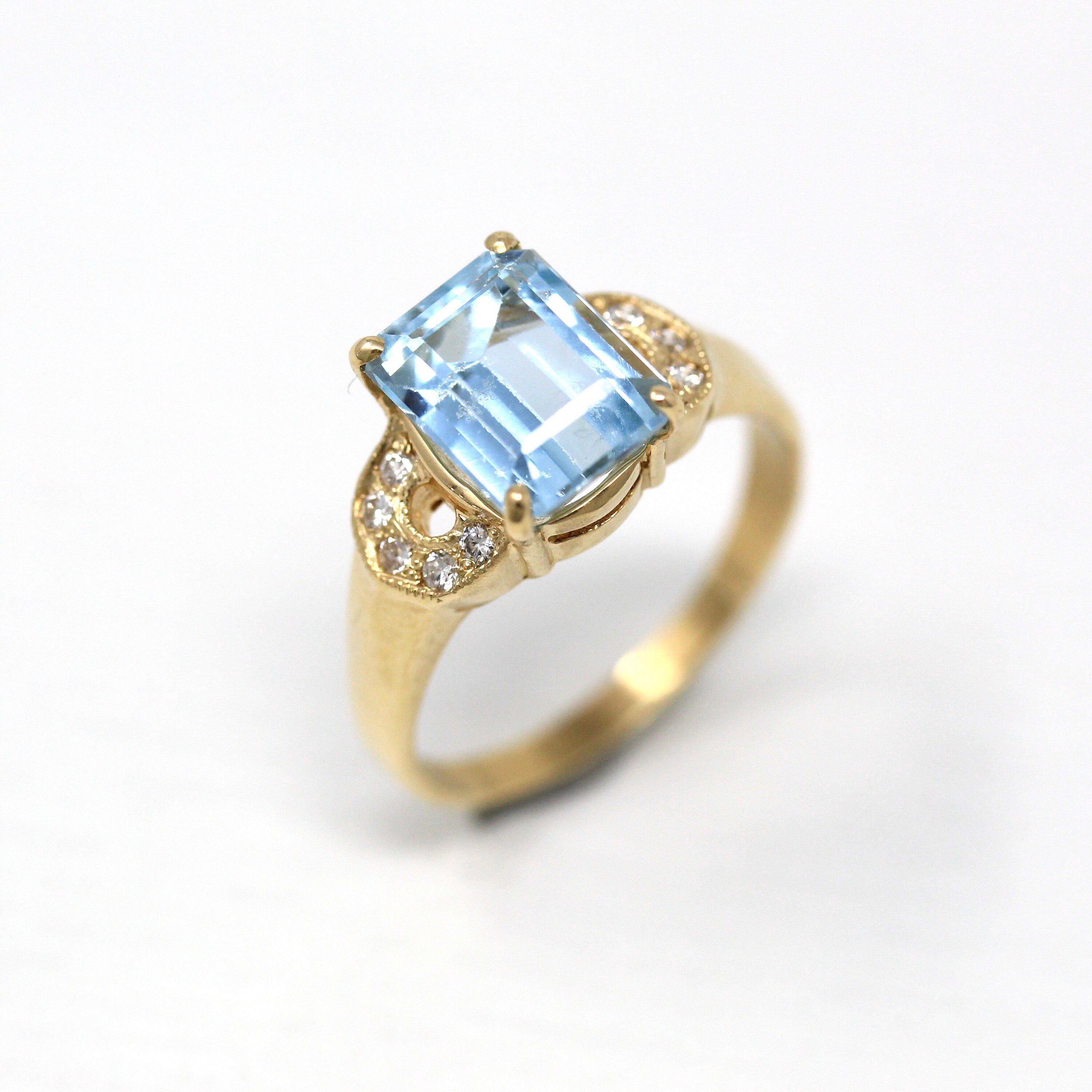 Sale - Genuine Aquamarine Ring - Modern 14k Yellow Gold Emerald Cut 2.82 CT Blue Gem - Estate Circa 2000's Size 7 1/4 Diamond Fine Jewelry