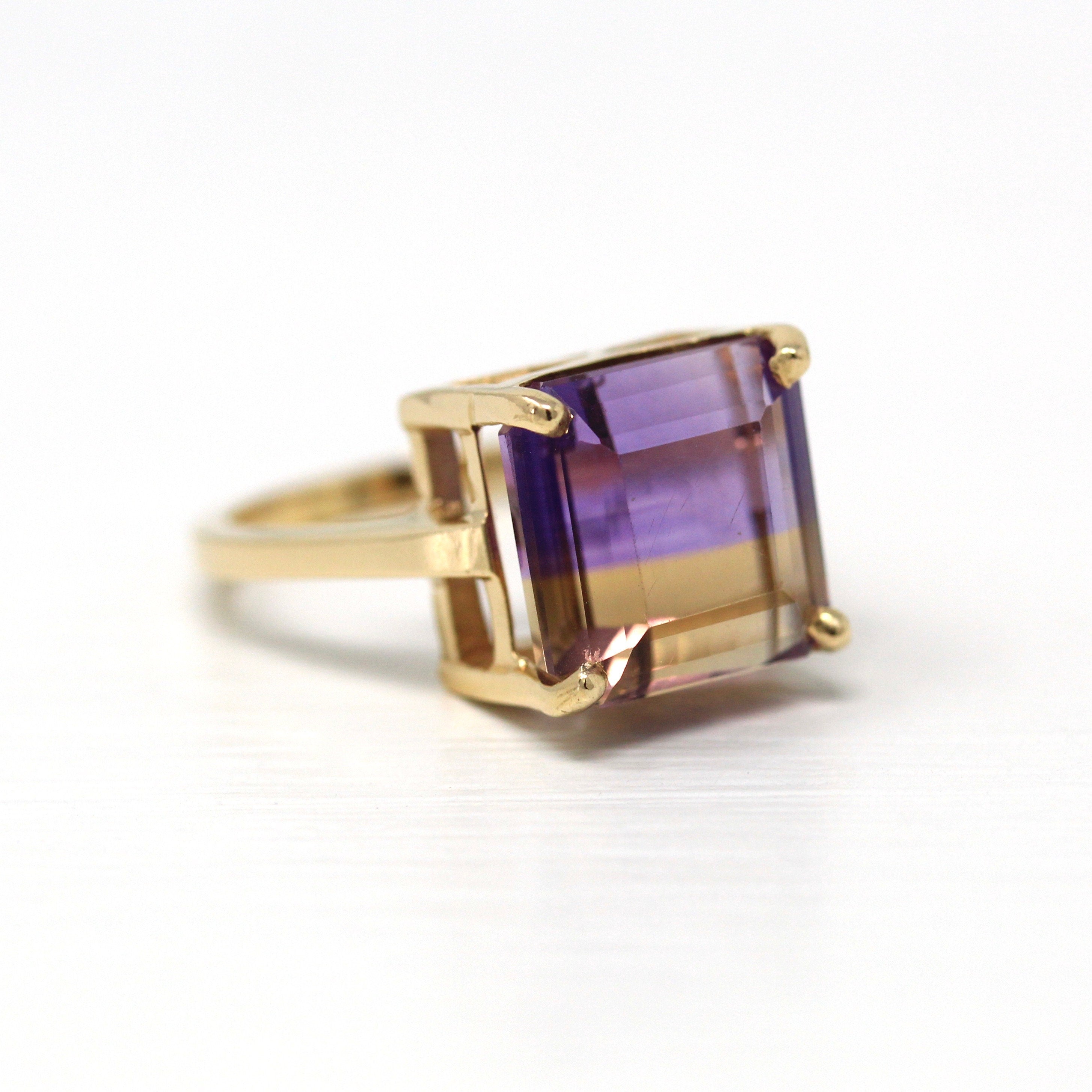 Sale - Genuine Ametrine Ring - 14k Yellow Gold Statement 9 CT Multi Color Gemstone - Modern 2000s Era Size 9 Yellow Purple Solitaire Jewelry