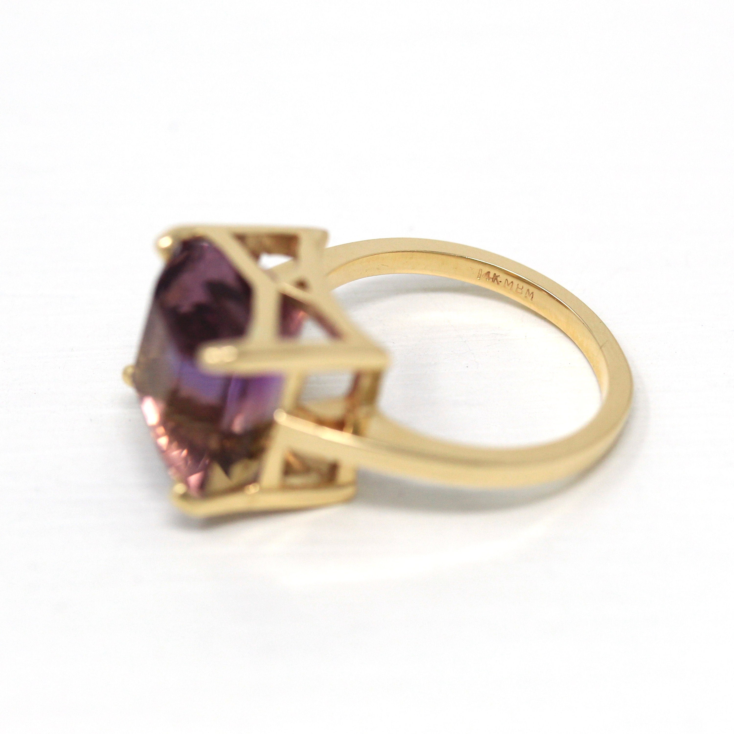 Sale - Genuine Ametrine Ring - 14k Yellow Gold Statement 9 CT Multi Color Gemstone - Modern 2000s Era Size 9 Yellow Purple Solitaire Jewelry