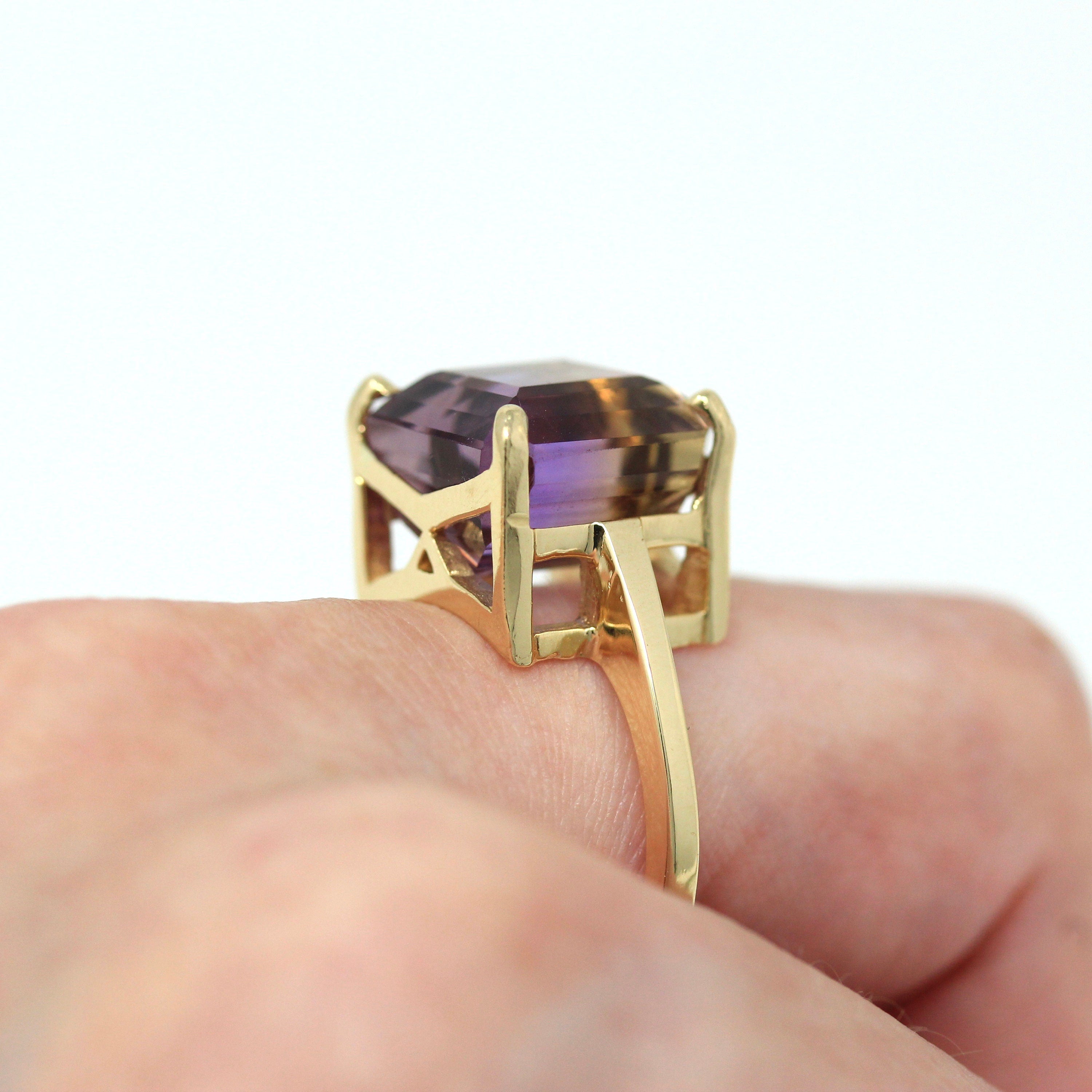 Sale - Genuine Ametrine Ring - 14k Yellow Gold Statement 9 CT Multi Color Gemstone - Modern 2000s Era Size 9 Yellow Purple Solitaire Jewelry