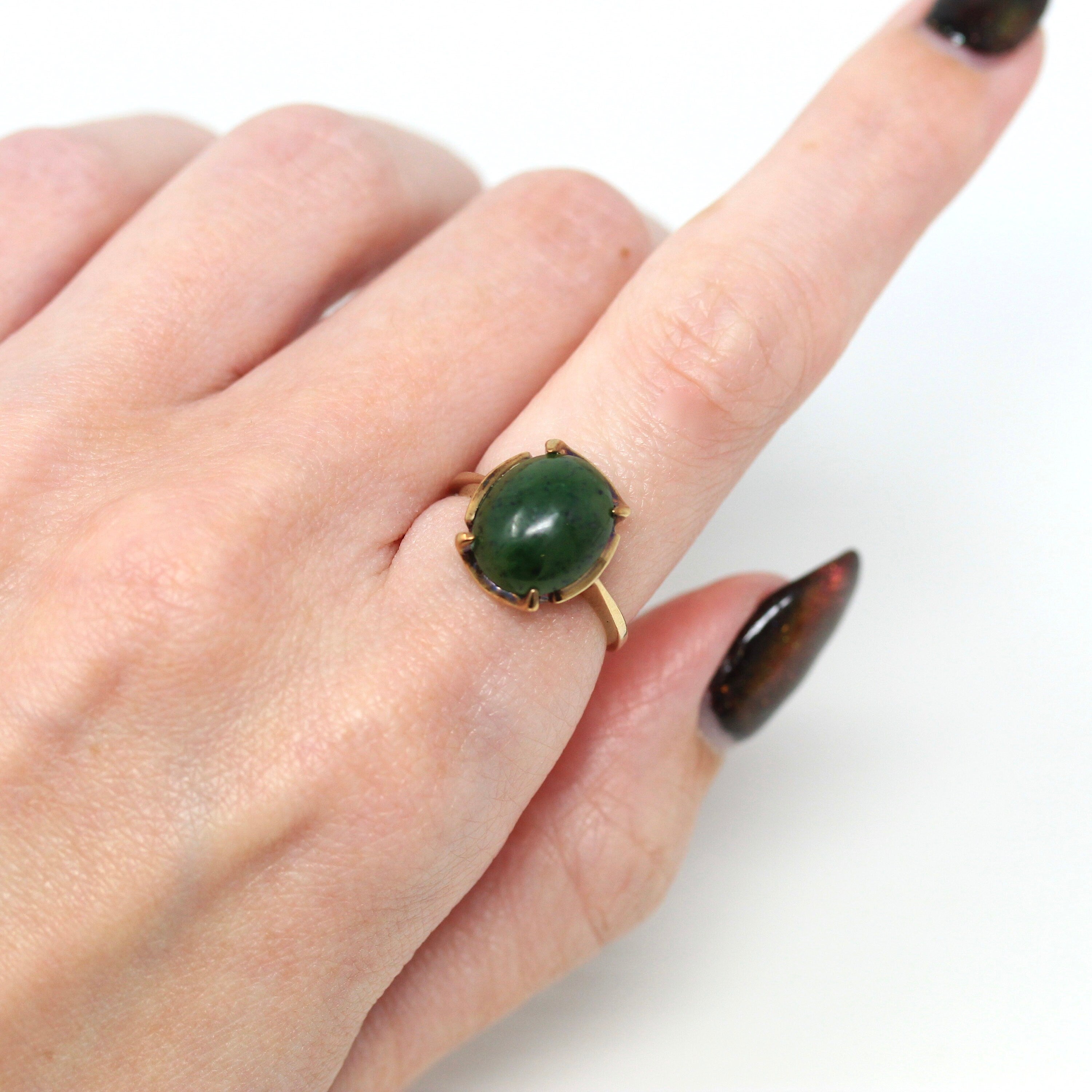 Sale - Nephrite Jade Ring - Retro 10k Yellow Gold Genuine Cabochon Cut 3.80 CT Gem - Vintage Circa 1960s Era Size 5 Statement Fine Jewelry