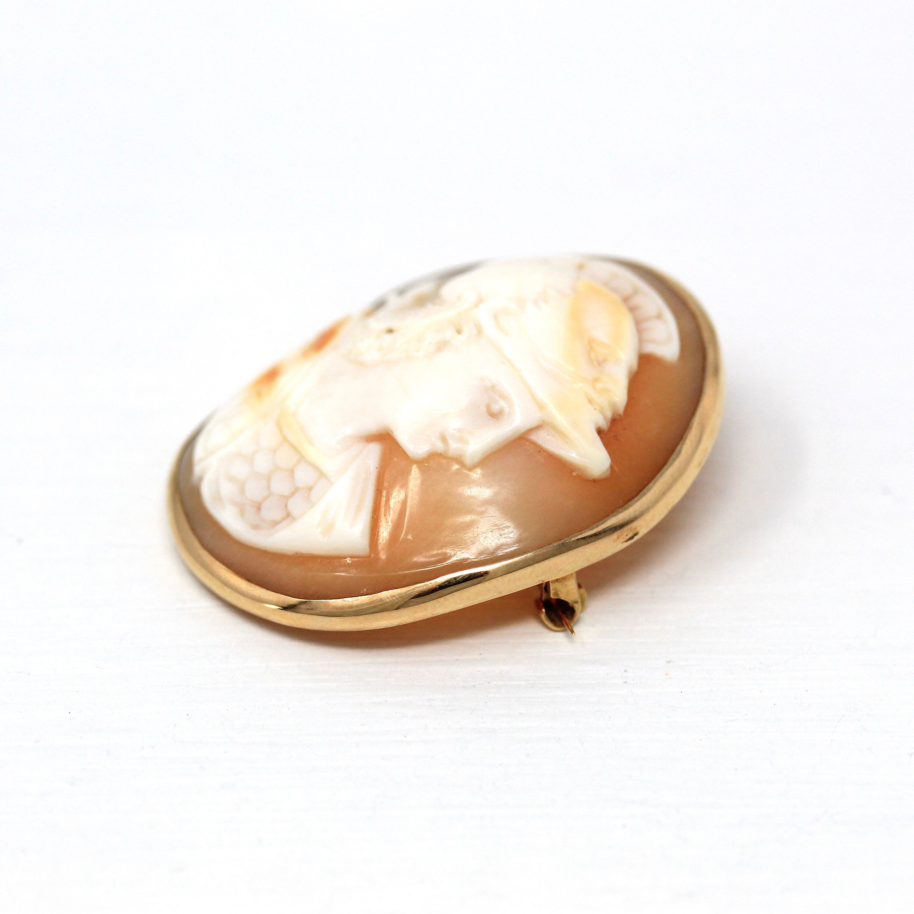 Sale - Antique Cameo Brooch - Edwardian 14k Yellow Gold Carved Shell Warrior Pin - Vintage Circa 1910s Era Fashion Accessory Fine Jewelry