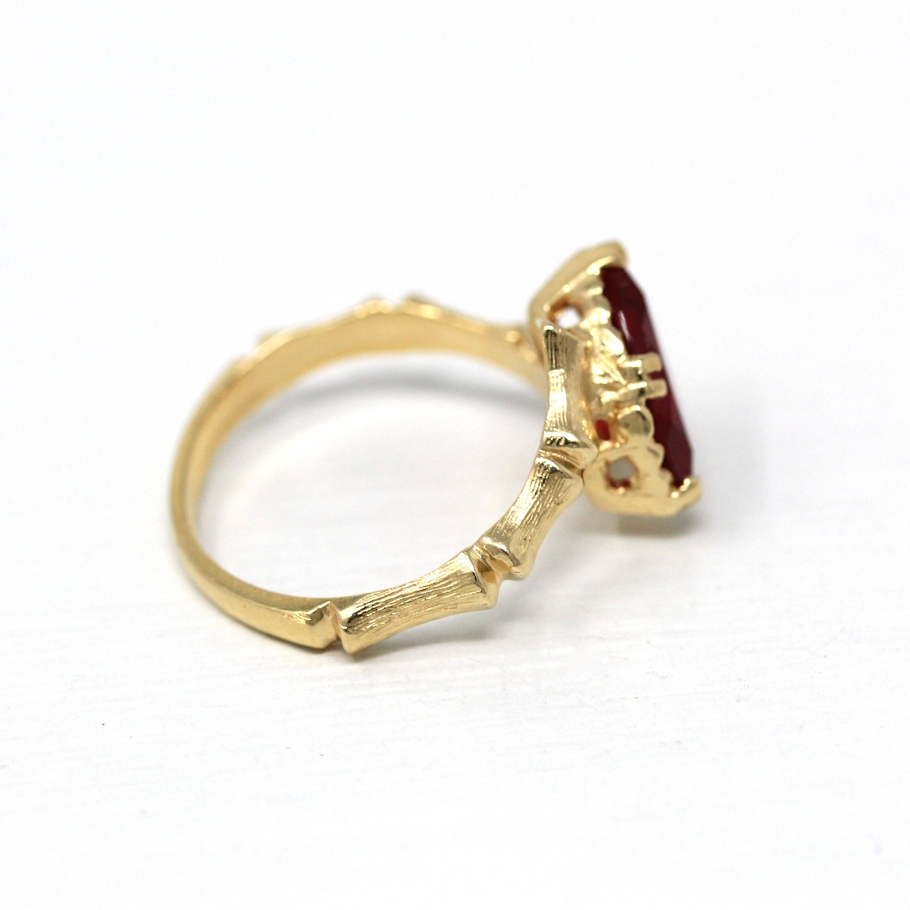 Sale - Created Ruby Ring - Retro 14k Yellow Gold Marquise Cut Stone Bamboo Branch - Vintage 1970s Size 7 1/4 July Birthstone Fine Jewelry