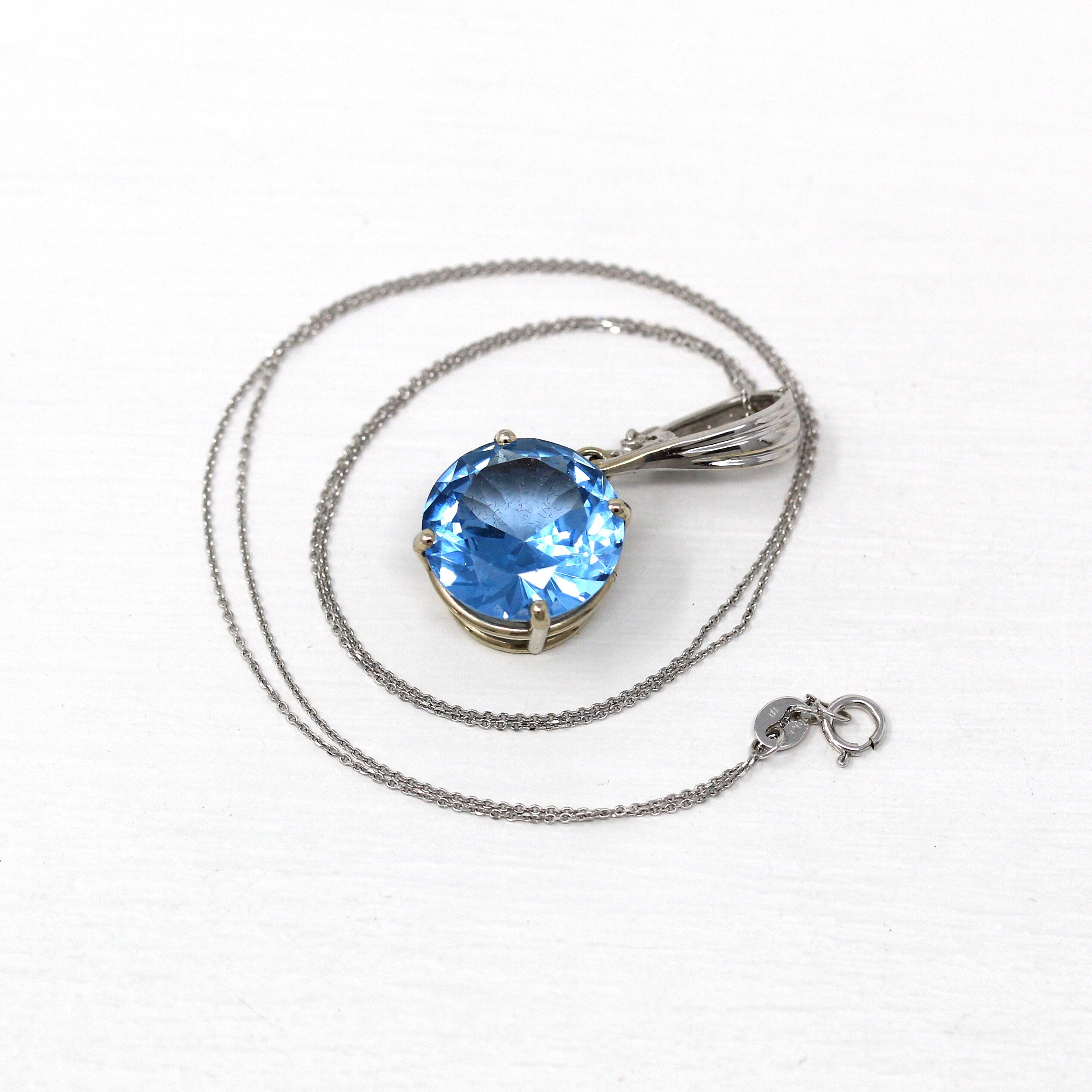 Sale - Created Spinel Pendant - Modern 14k White Gold Round Faceted Blue 10.36 CT Necklace - Estate Circa 2000s Solitaire Fine Y2K Jewelry