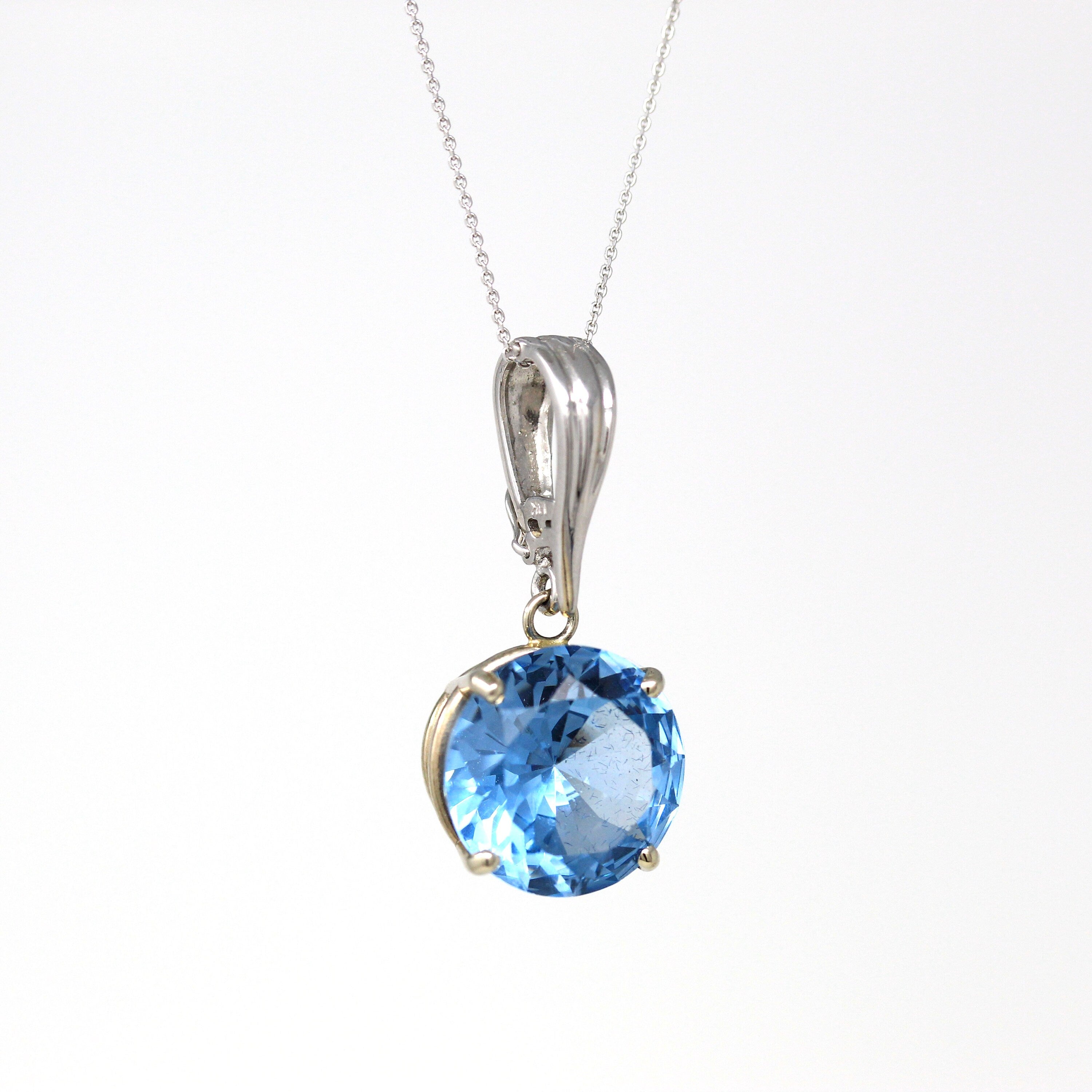 Sale - Created Spinel Pendant - Modern 14k White Gold Round Faceted Blue 10.36 CT Necklace - Estate Circa 2000s Solitaire Fine Y2K Jewelry