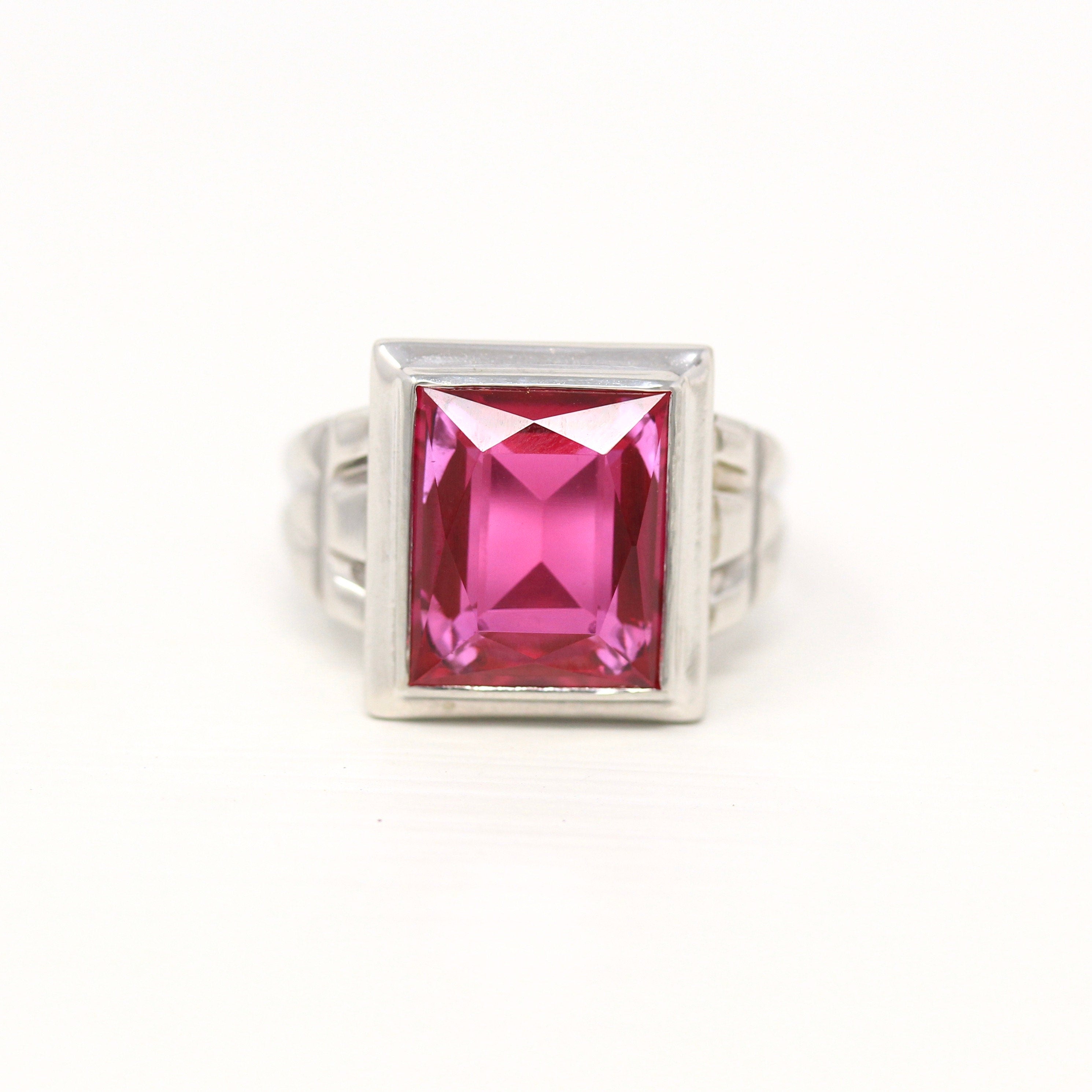 Sale - Created Ruby Ring - Art Deco 10k White Gold Rectangular Faceted 6.46 CT Pink Stone - Vintage 1930s Era Size 6 July Birthstone Jewelry