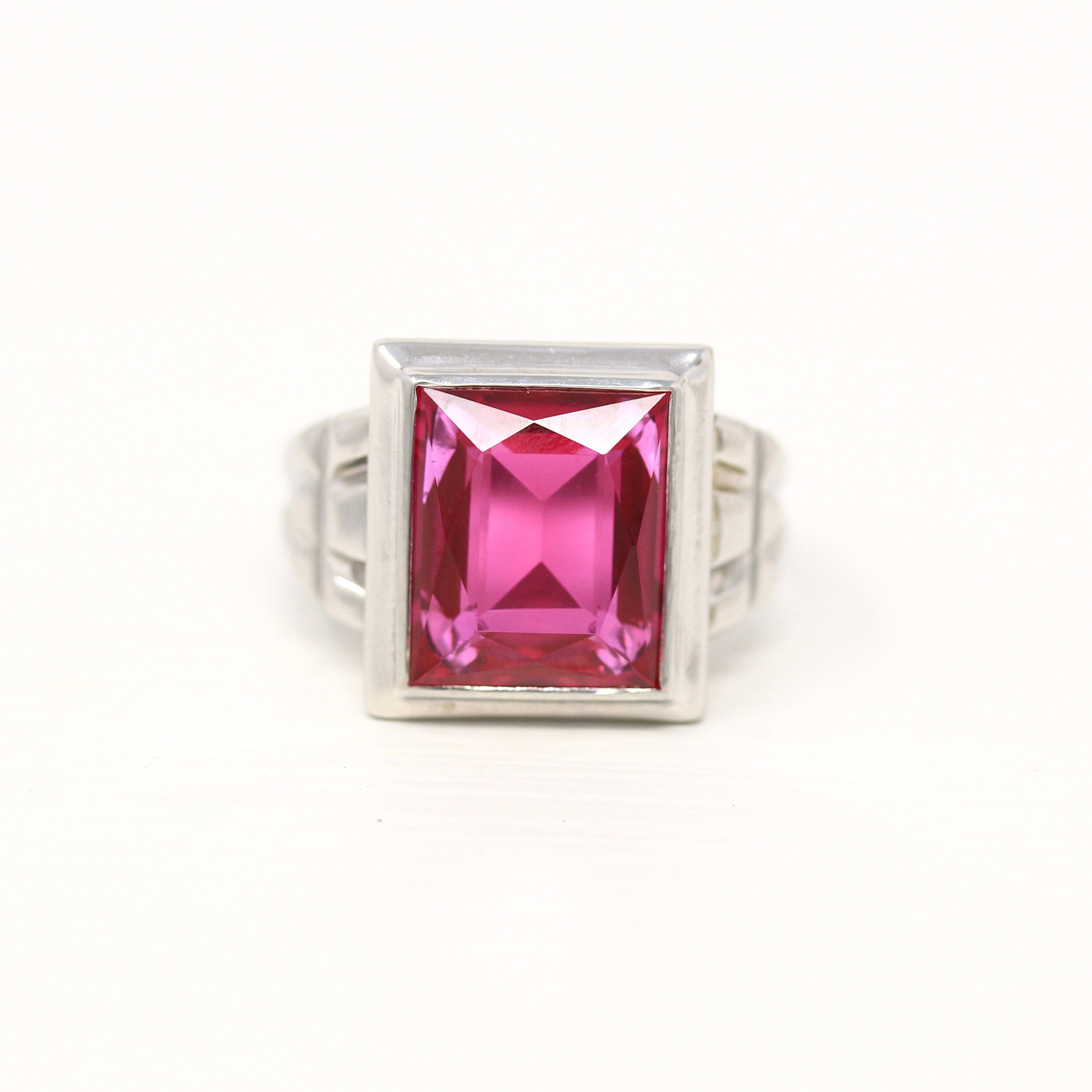 Sale - Created Ruby Ring - Art Deco 10k White Gold Rectangular Faceted 6.46 CT Pink Stone - Vintage 1930s Era Size 6 July Birthstone Jewelry