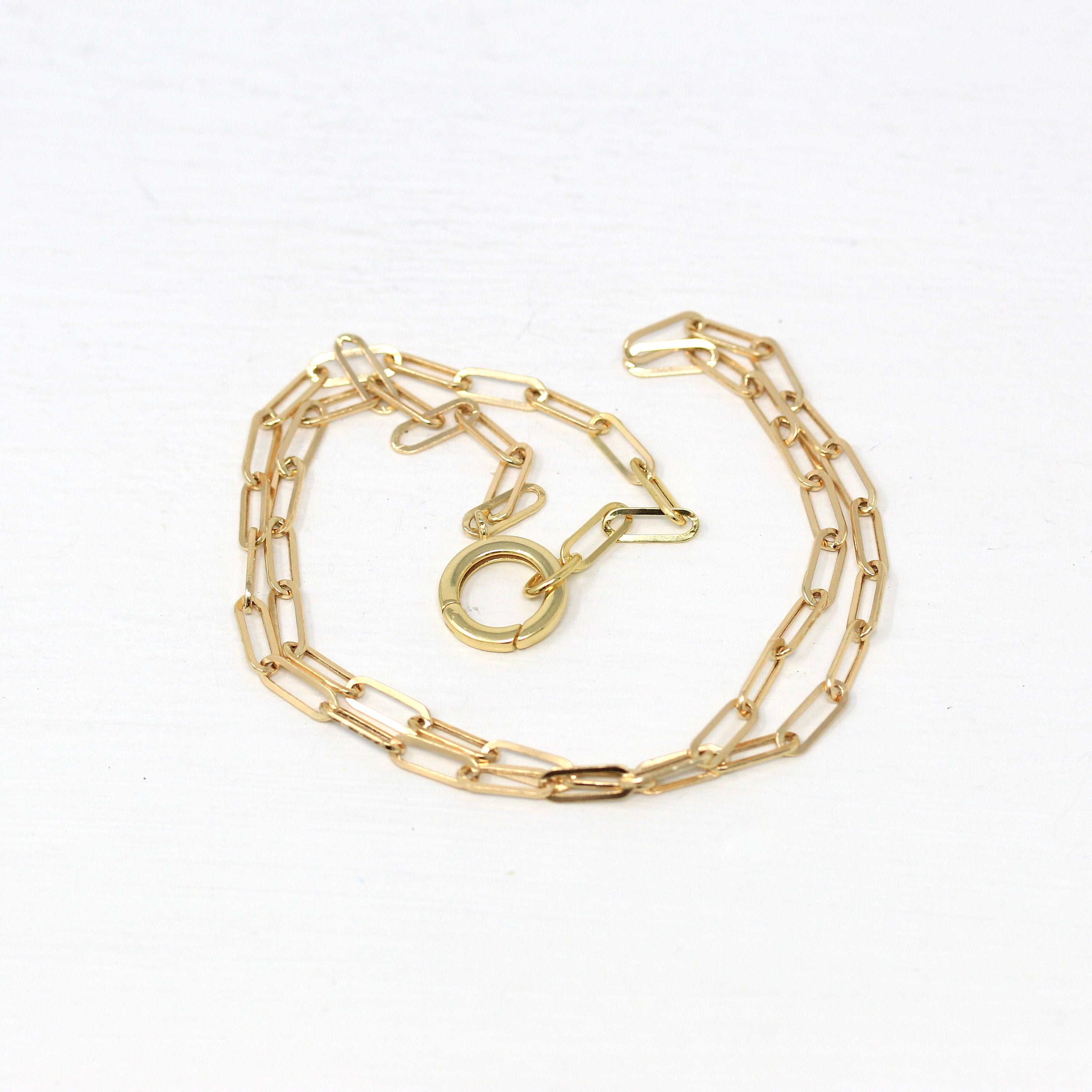 Charm Holder Chain - 14k Yellow Gold Paperclip Link 18 Inch Polished Necklace - 3.2 mm Round Push Back Clasp Enhancer Layer Fine Jewelry