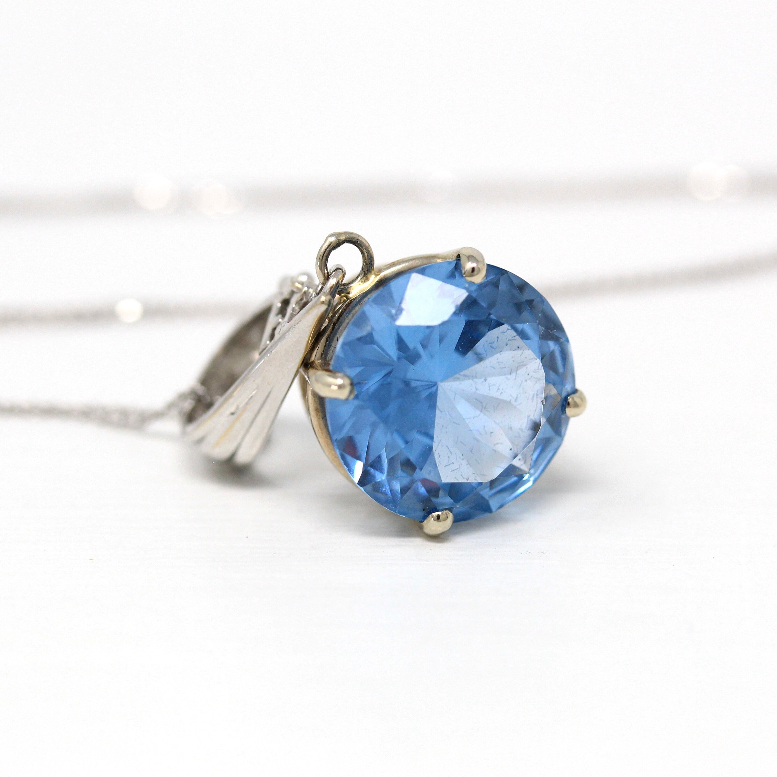 Sale - Created Spinel Pendant - Modern 14k White Gold Round Faceted Blue 10.36 CT Necklace - Estate Circa 2000s Solitaire Fine Y2K Jewelry