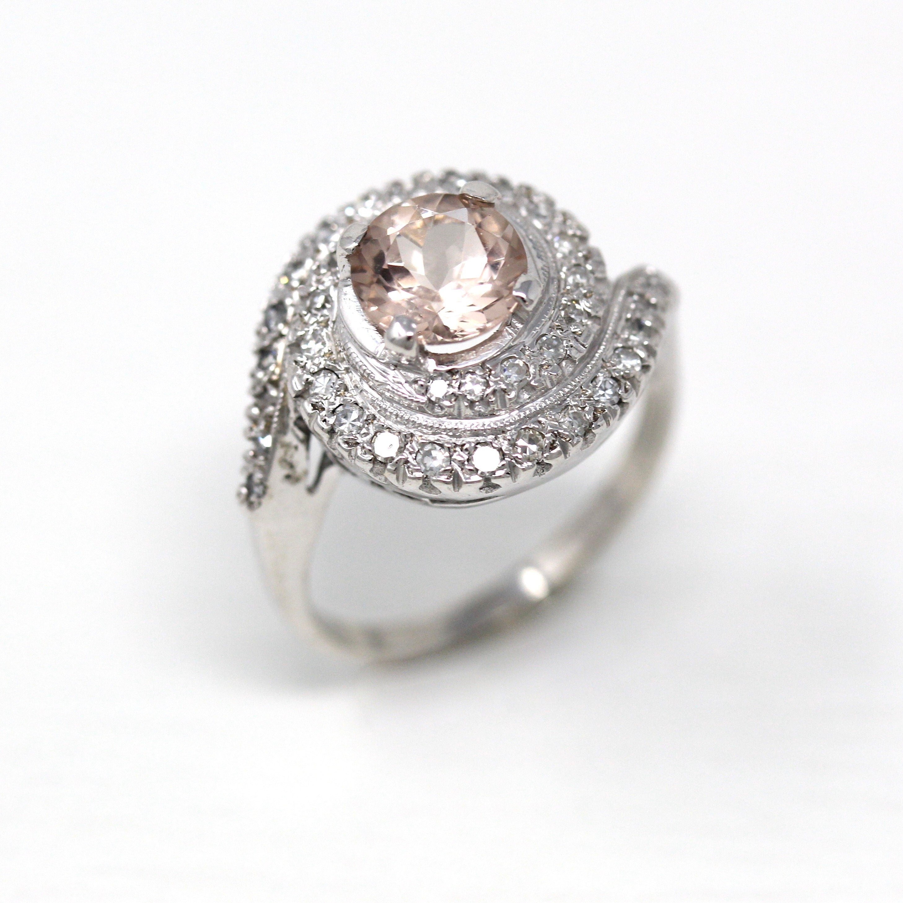 Sale - Vintage Morganite Ring - 14k White Gold Light Pale Pink 1.12 CT Gem - Retro 1950s Size 6 3/4 Alternative Engagement Fine Halo Jewelry