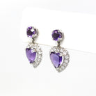 Statement Heart Earrings - Estate 14k White Gold 7 CTW Genuine Amethyst Gems & 1.20 CTW Diamond - Modern 2000s Halo Design Love Fine Jewelry