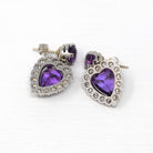 Statement Heart Earrings - Estate 14k White Gold 7 CTW Genuine Amethyst Gems & 1.20 CTW Diamond - Modern 2000s Halo Design Love Fine Jewelry