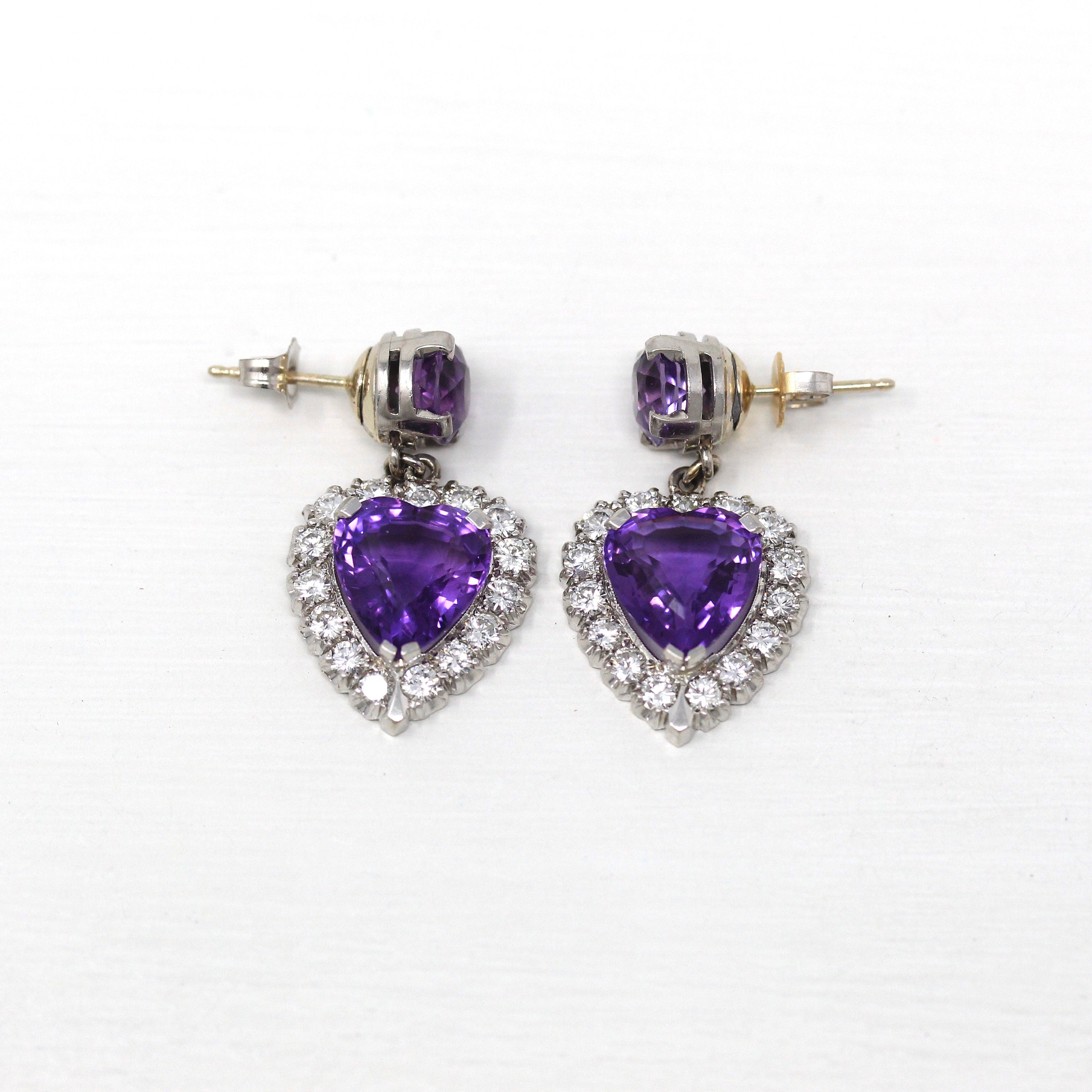 Statement Heart Earrings - Estate 14k White Gold 7 CTW Genuine Amethyst Gems & 1.20 CTW Diamond - Modern 2000s Halo Design Love Fine Jewelry