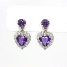 Statement Heart Earrings - Estate 14k White Gold 7 CTW Genuine Amethyst Gems & 1.20 CTW Diamond - Modern 2000s Halo Design Love Fine Jewelry