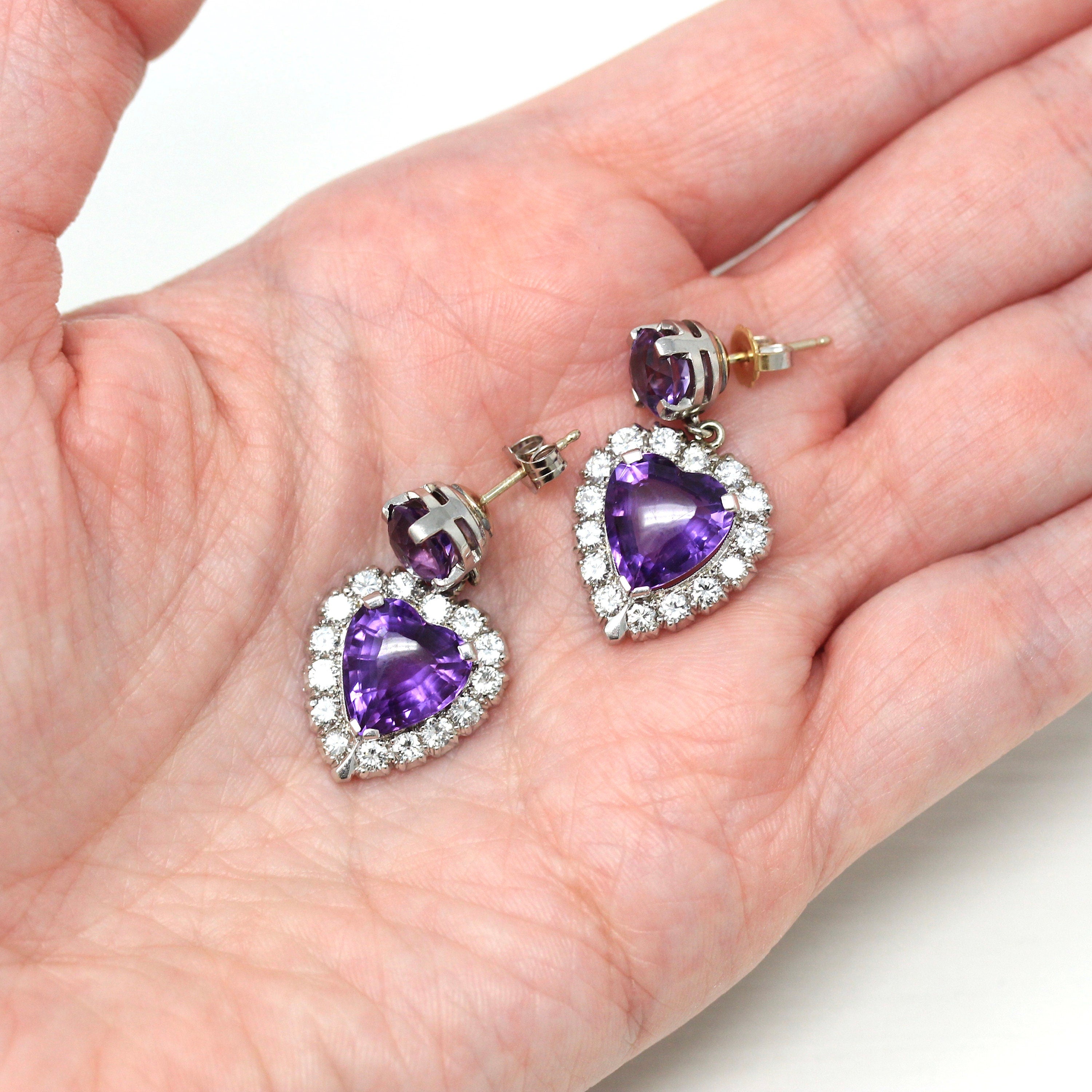 Statement Heart Earrings - Estate 14k White Gold 7 CTW Genuine Amethyst Gems & 1.20 CTW Diamond - Modern 2000s Halo Design Love Fine Jewelry