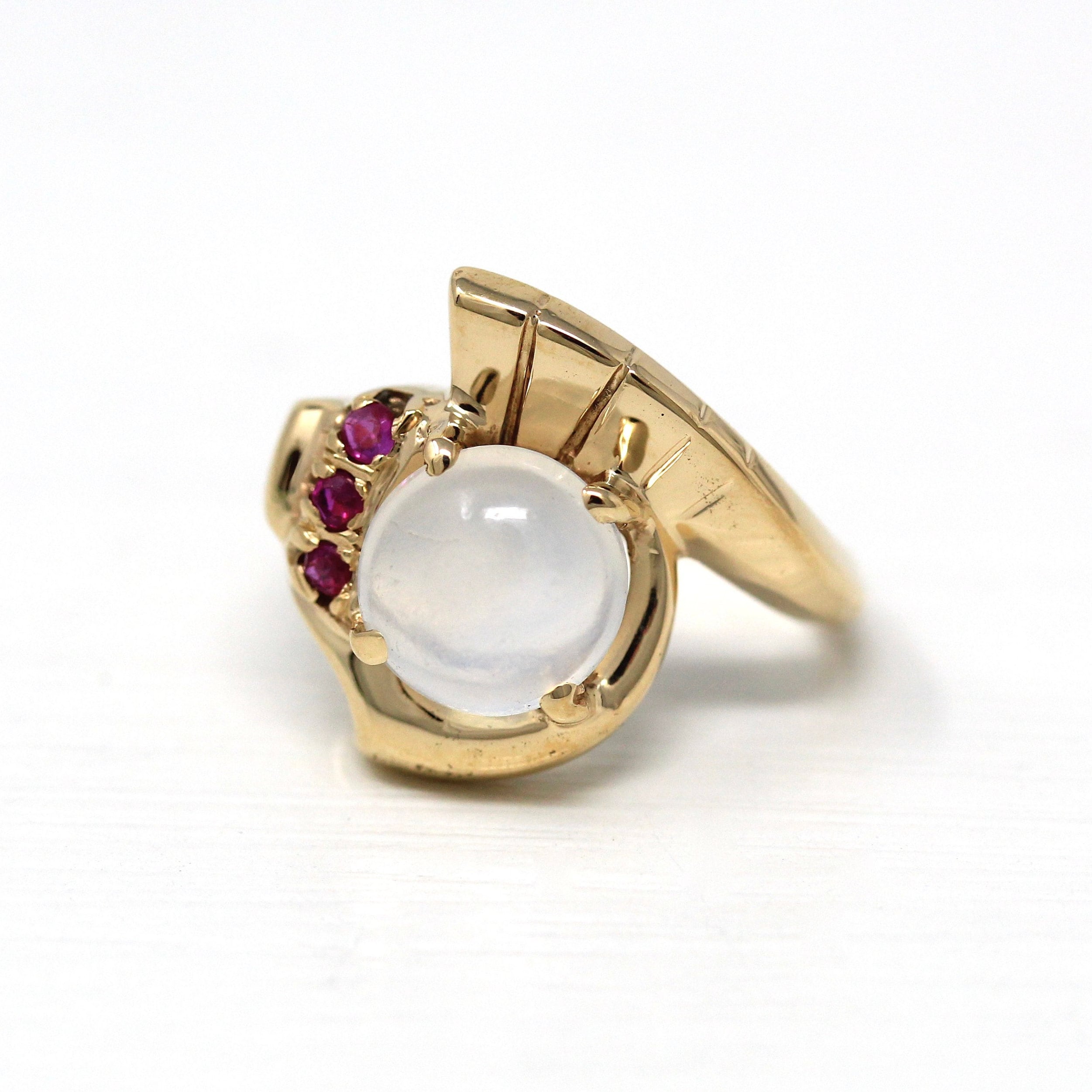 Sale - Moonstone & Created Ruby Ring - Retro 14k Yellow Gold Round Cabochon Cut 2.61 CT Gem - Vintage Circa 1940s Size 6 Statement Jewelry