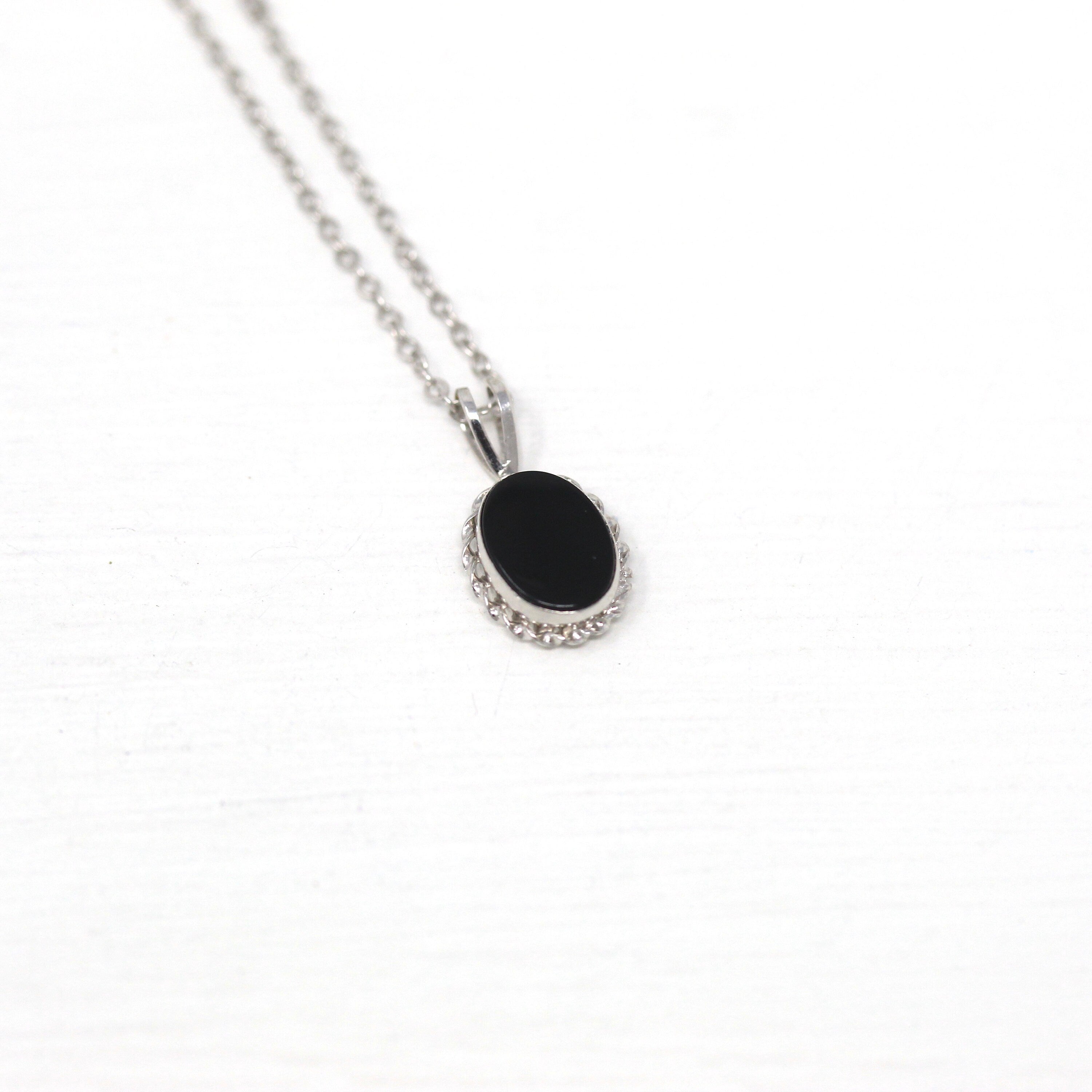 Genuine Onyx Charm - Modern 14k White Gold Oval Black Gemstone Pendant Necklace - Estate Circa 2000's Era Dainty Petite Gem Fine Y2K Jewelry