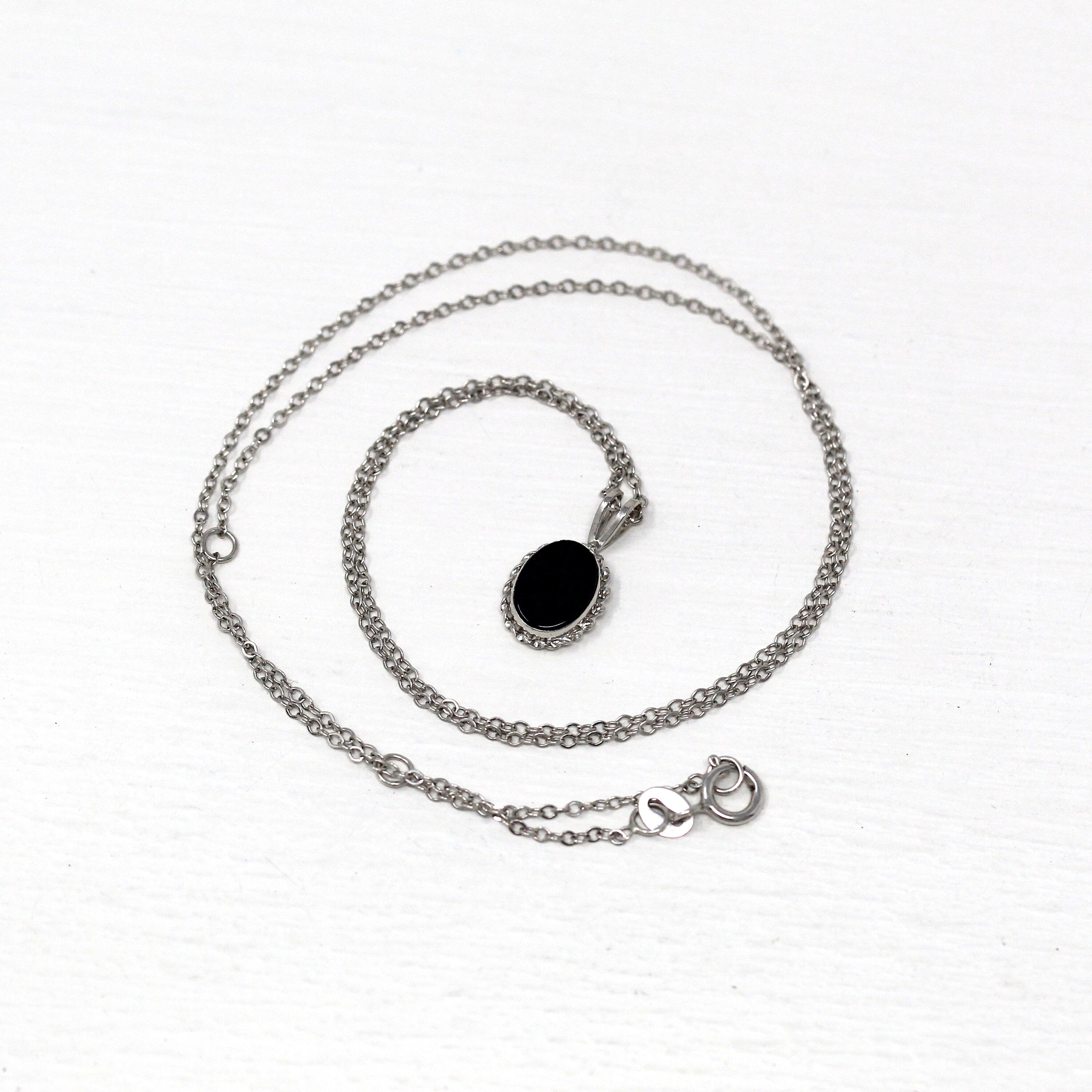 Genuine Onyx Charm - Modern 14k White Gold Oval Black Gemstone Pendant Necklace - Estate Circa 2000's Era Dainty Petite Gem Fine Y2K Jewelry