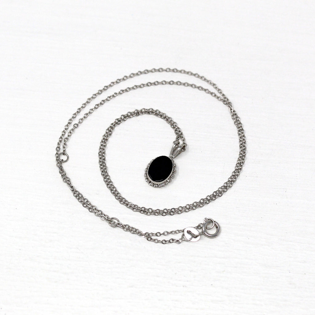Genuine Onyx Charm - Modern 14k White Gold Oval Black Gemstone Pendant Necklace - Estate Circa 2000's Era Dainty Petite Gem Fine Y2K Jewelry
