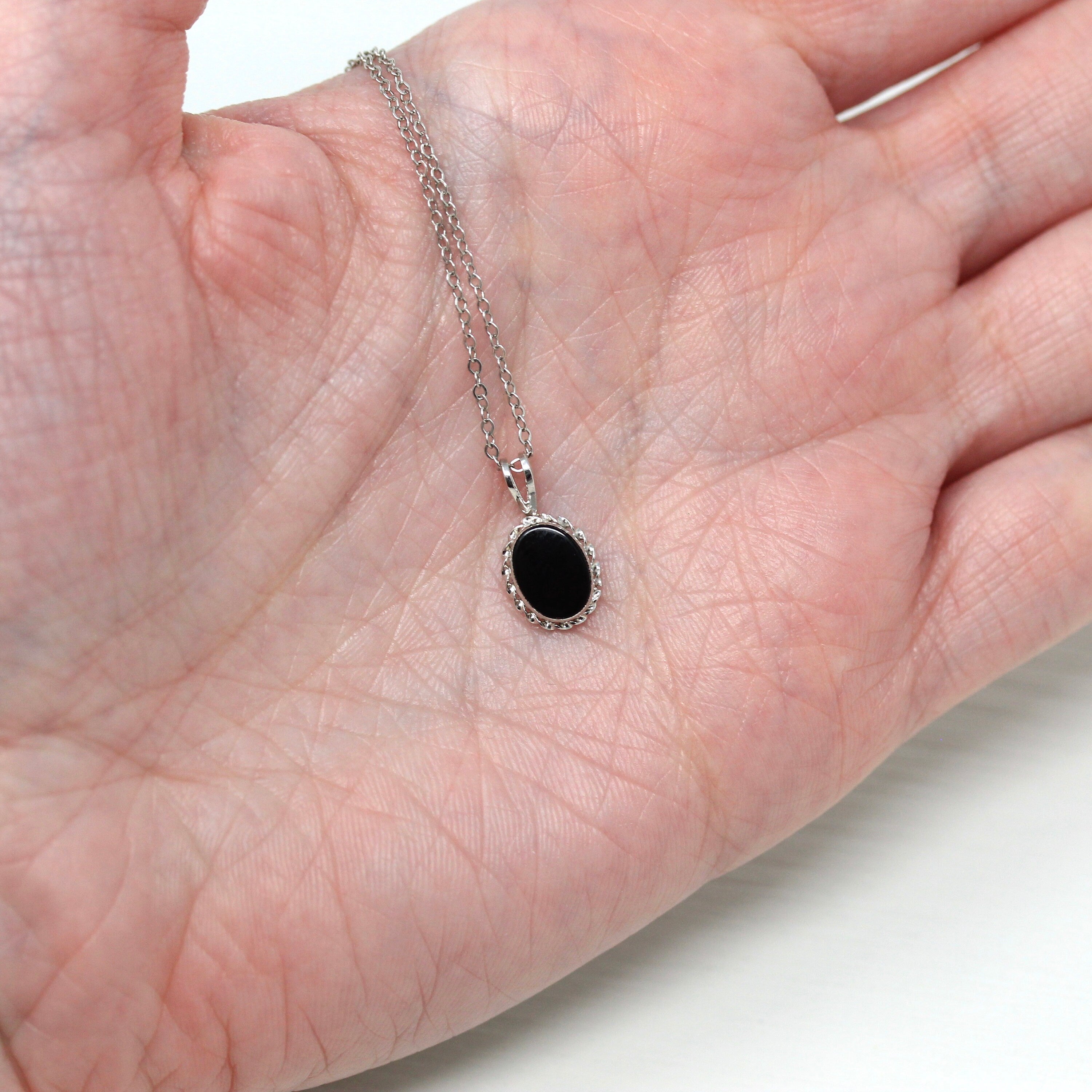 Genuine Onyx Charm - Modern 14k White Gold Oval Black Gemstone Pendant Necklace - Estate Circa 2000's Era Dainty Petite Gem Fine Y2K Jewelry