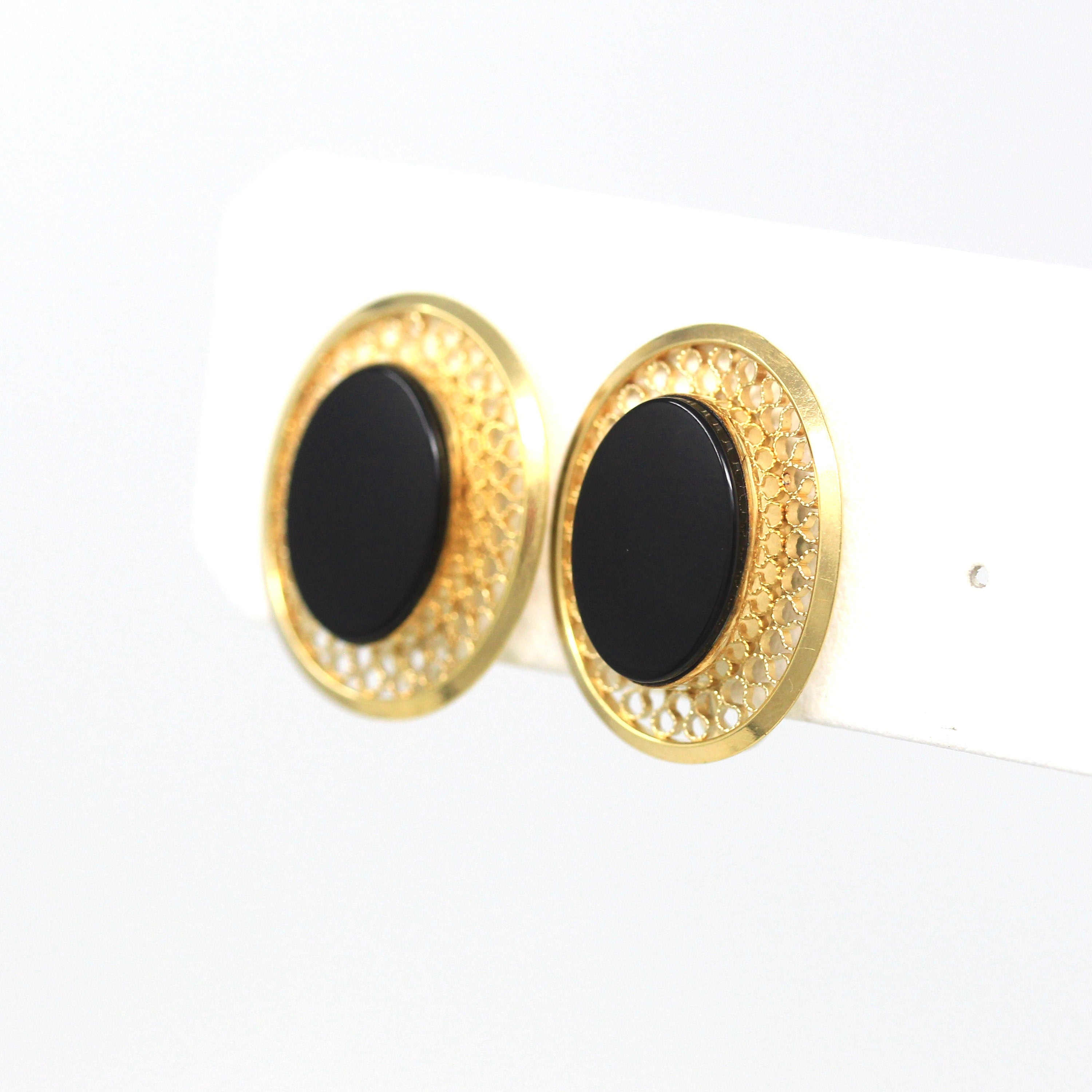 Vintage Onyx Earrings - Retro 12k Gold Filled Oval Genuine Black Gemstones Screw Backs - Circa 1940s Era Fashion Accessory Danecraft Jewelry