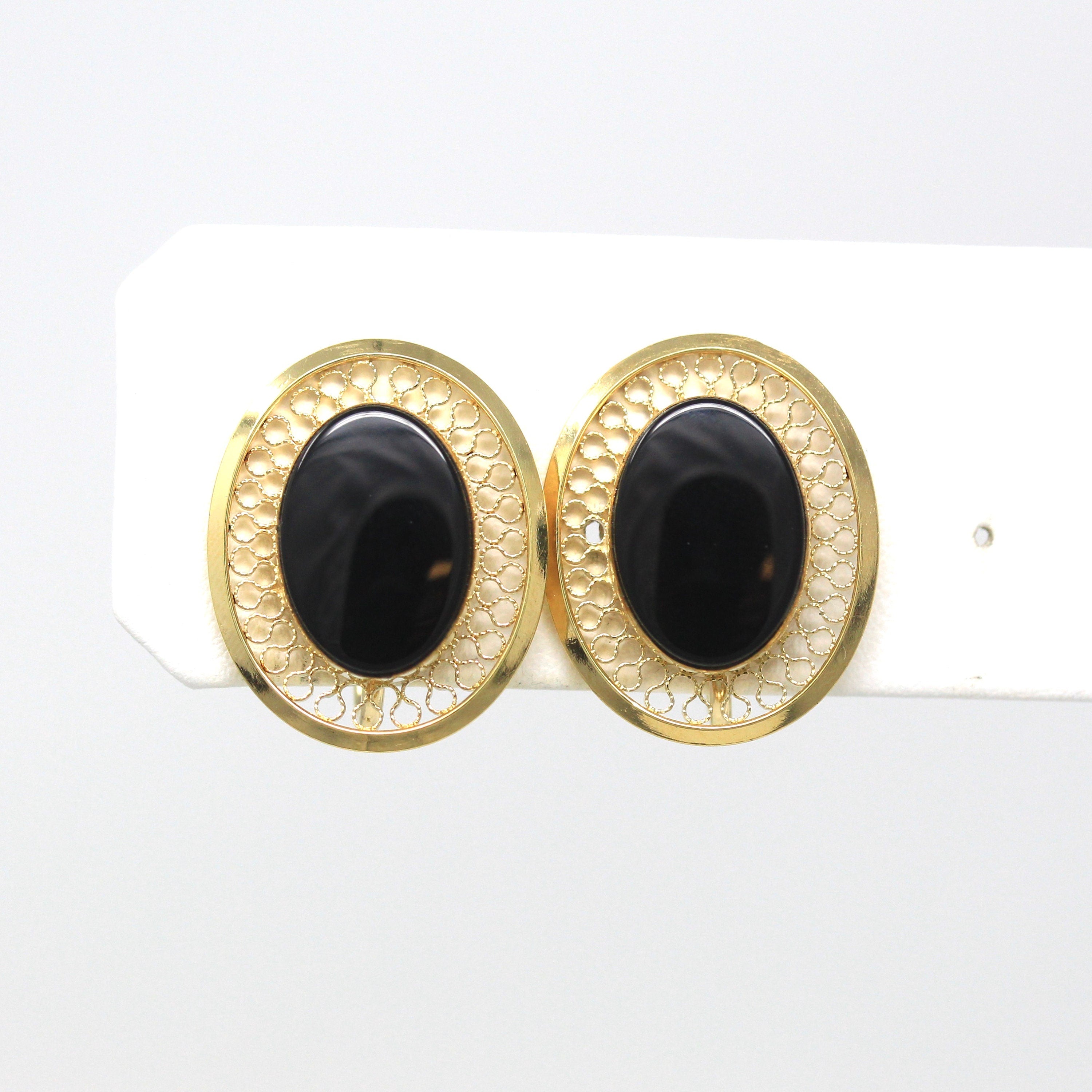 Vintage Onyx Earrings - Retro 12k Gold Filled Oval Genuine Black Gemstones Screw Backs - Circa 1940s Era Fashion Accessory Danecraft Jewelry