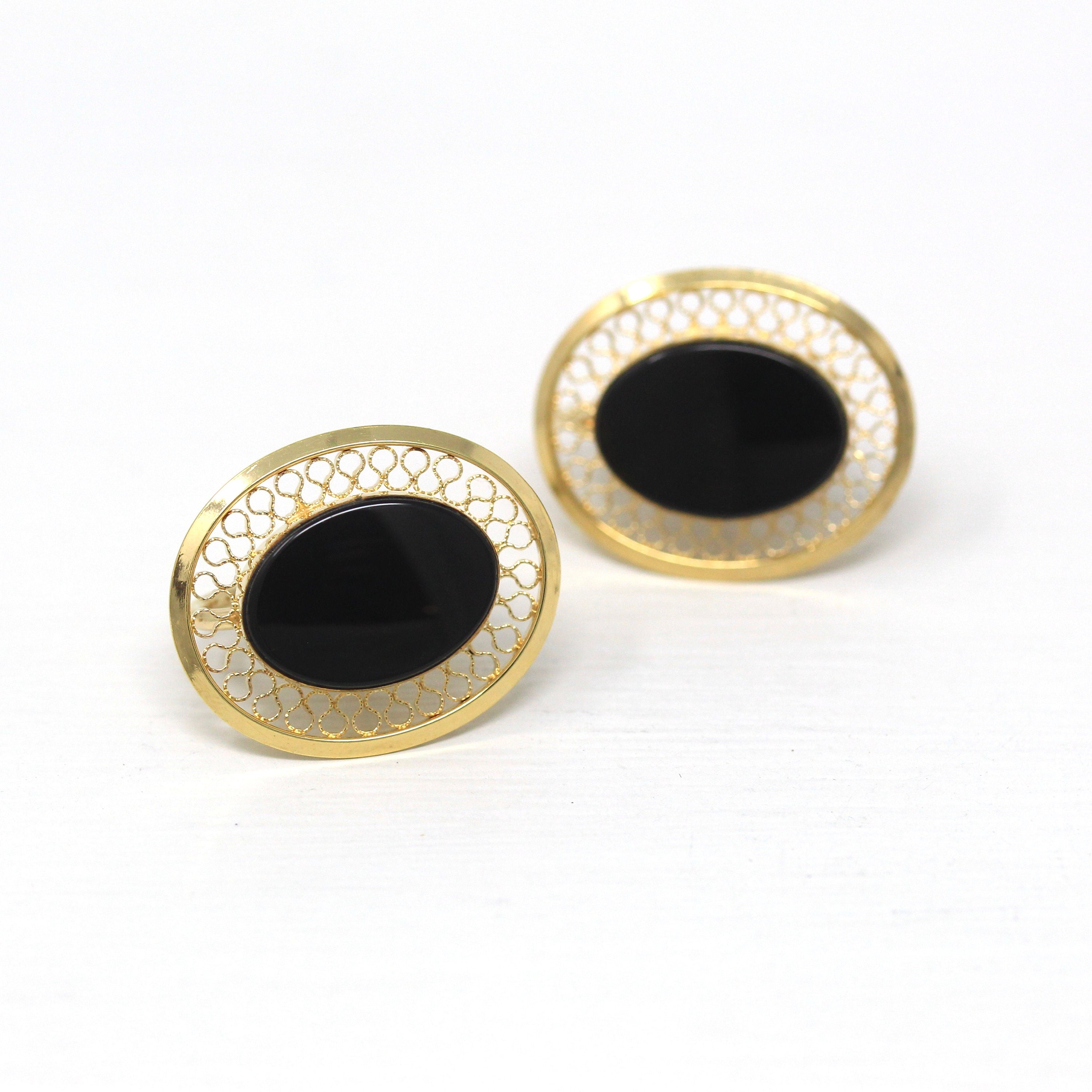 Vintage Onyx Earrings - Retro 12k Gold Filled Oval Genuine Black Gemstones Screw Backs - Circa 1940s Era Fashion Accessory Danecraft Jewelry