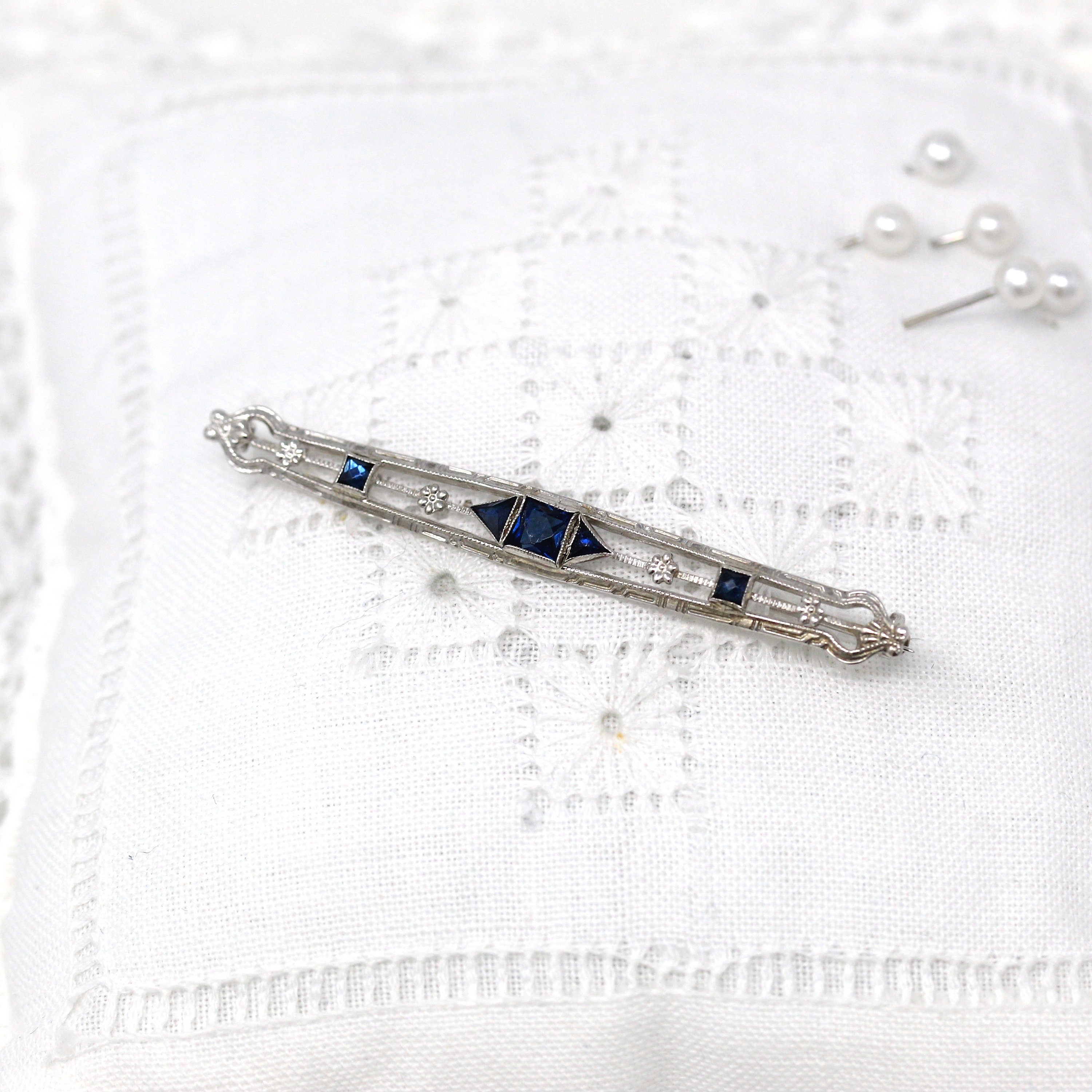 Sale - Art Deco Era Pin - Antique 10k White Gold Simulated Blue Sapphire Brooch - Vintage 1920s Filigree September Birthstone OB 20s Jewelry