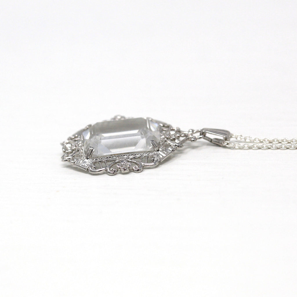 Mid Century Necklace - Vintage Sterling Silver Faceted Glass Stone Pendant Charm Fob - Circa 1950s Era Floral Filigree Style 925 Jewelry