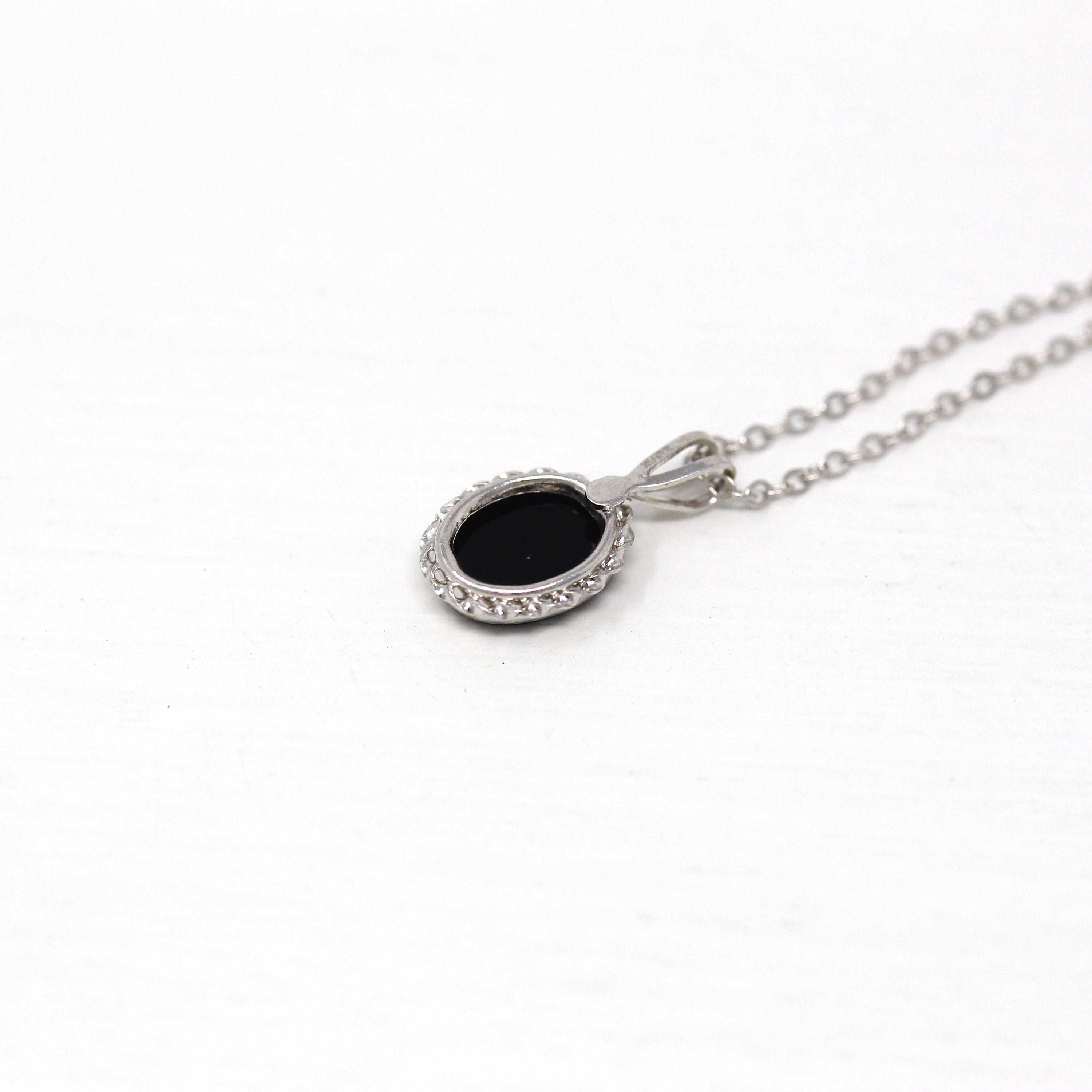 Genuine Onyx Charm - Modern 14k White Gold Oval Black Gemstone Pendant Necklace - Estate Circa 2000's Era Dainty Petite Gem Fine Y2K Jewelry