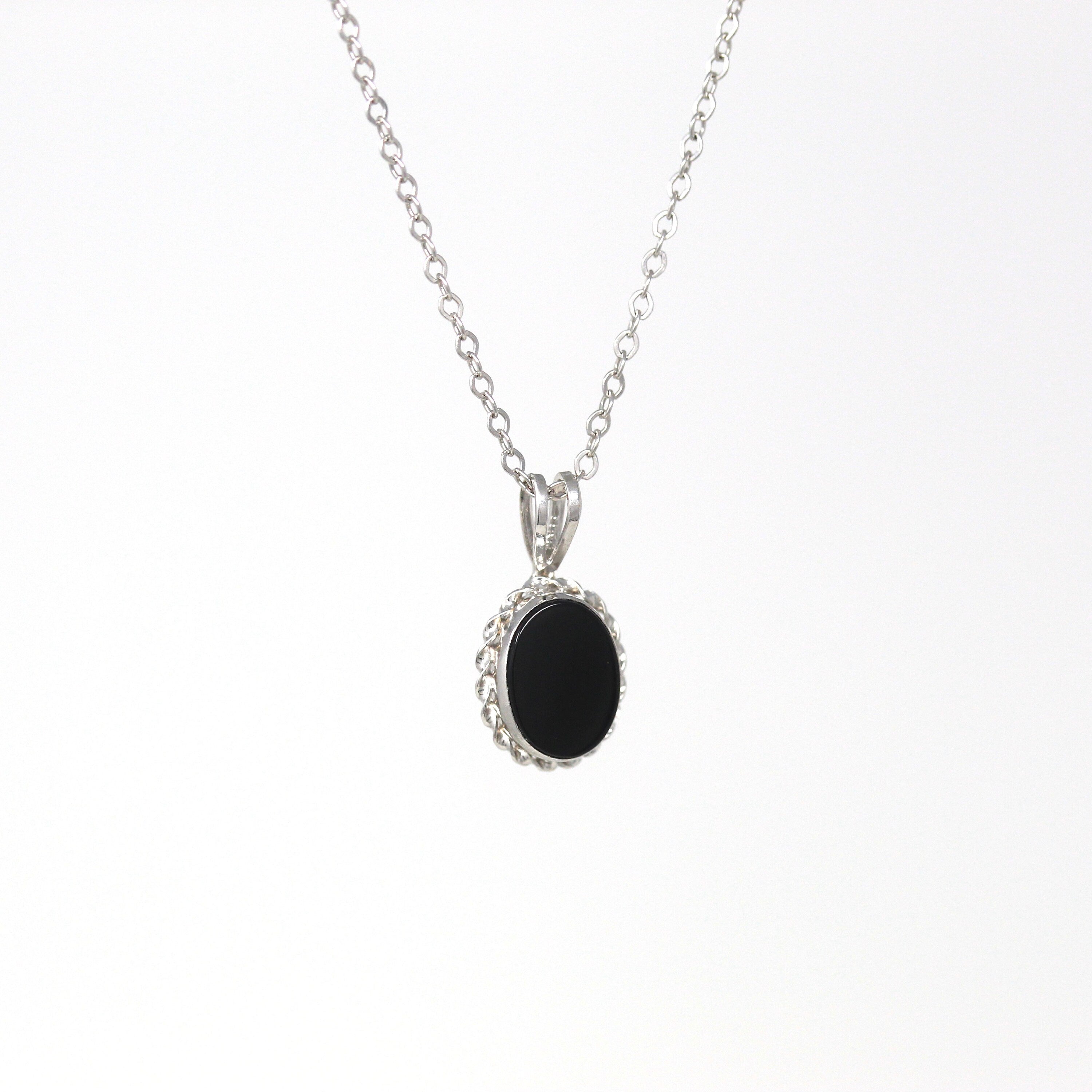 Genuine Onyx Charm - Modern 14k White Gold Oval Black Gemstone Pendant Necklace - Estate Circa 2000's Era Dainty Petite Gem Fine Y2K Jewelry