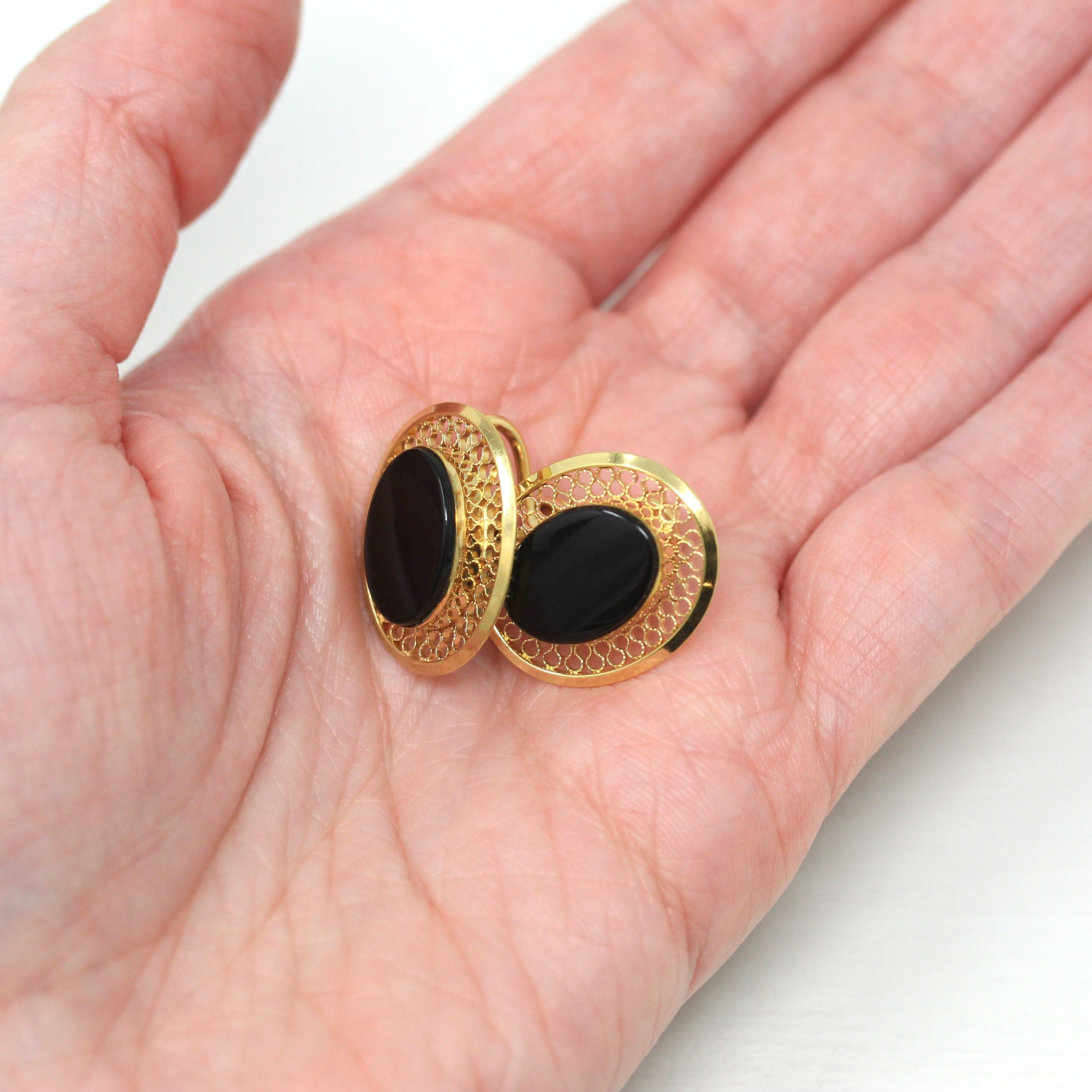 Vintage Onyx Earrings - Retro 12k Gold Filled Oval Genuine Black Gemstones Screw Backs - Circa 1940s Era Fashion Accessory Danecraft Jewelry