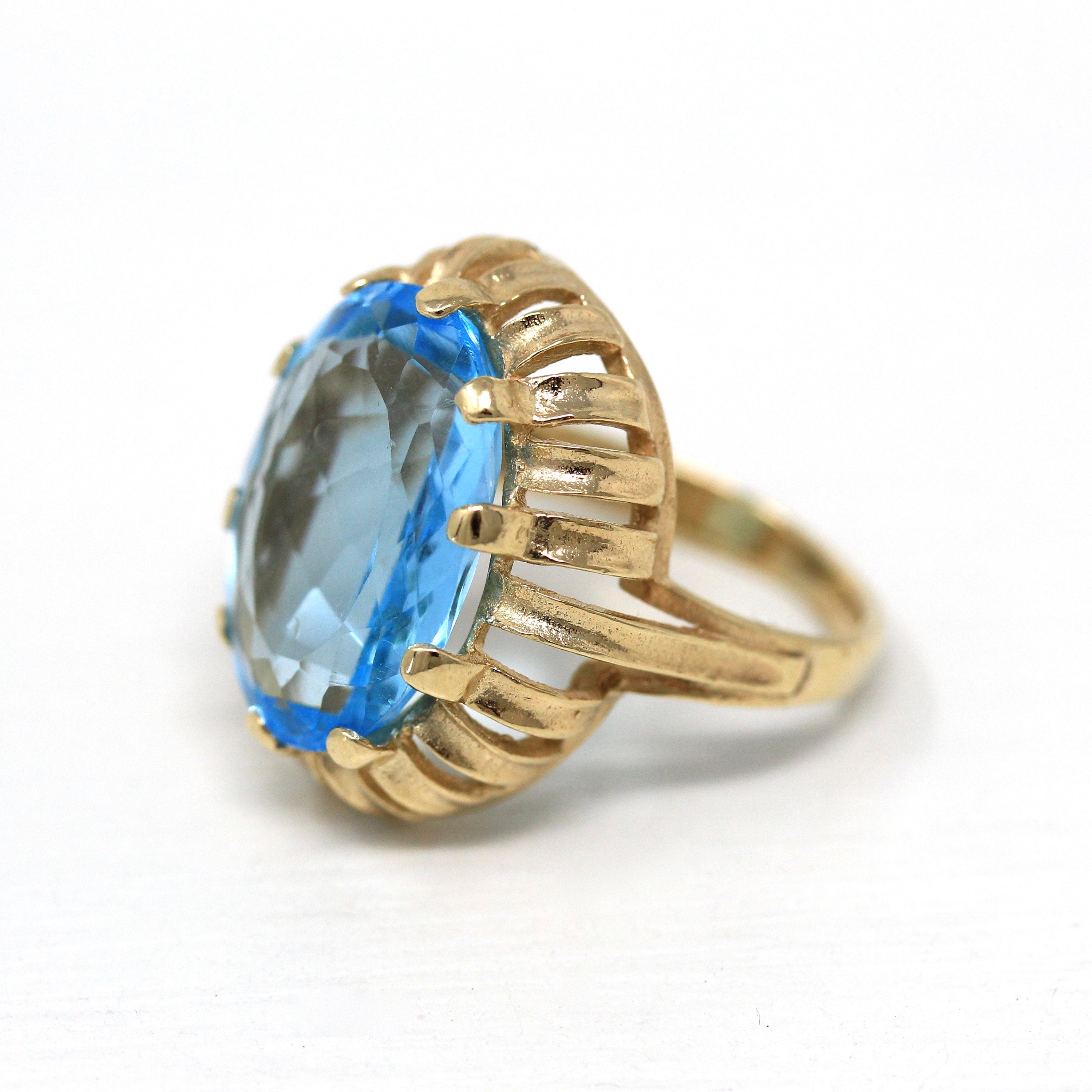 Sale - Blue Topaz Ring - Estate 14k Yellow Gold Genuine Oval Faceted 10.5 CT Gemstone - Modern 2000's Era Size 6 December Birthstone Jewelry