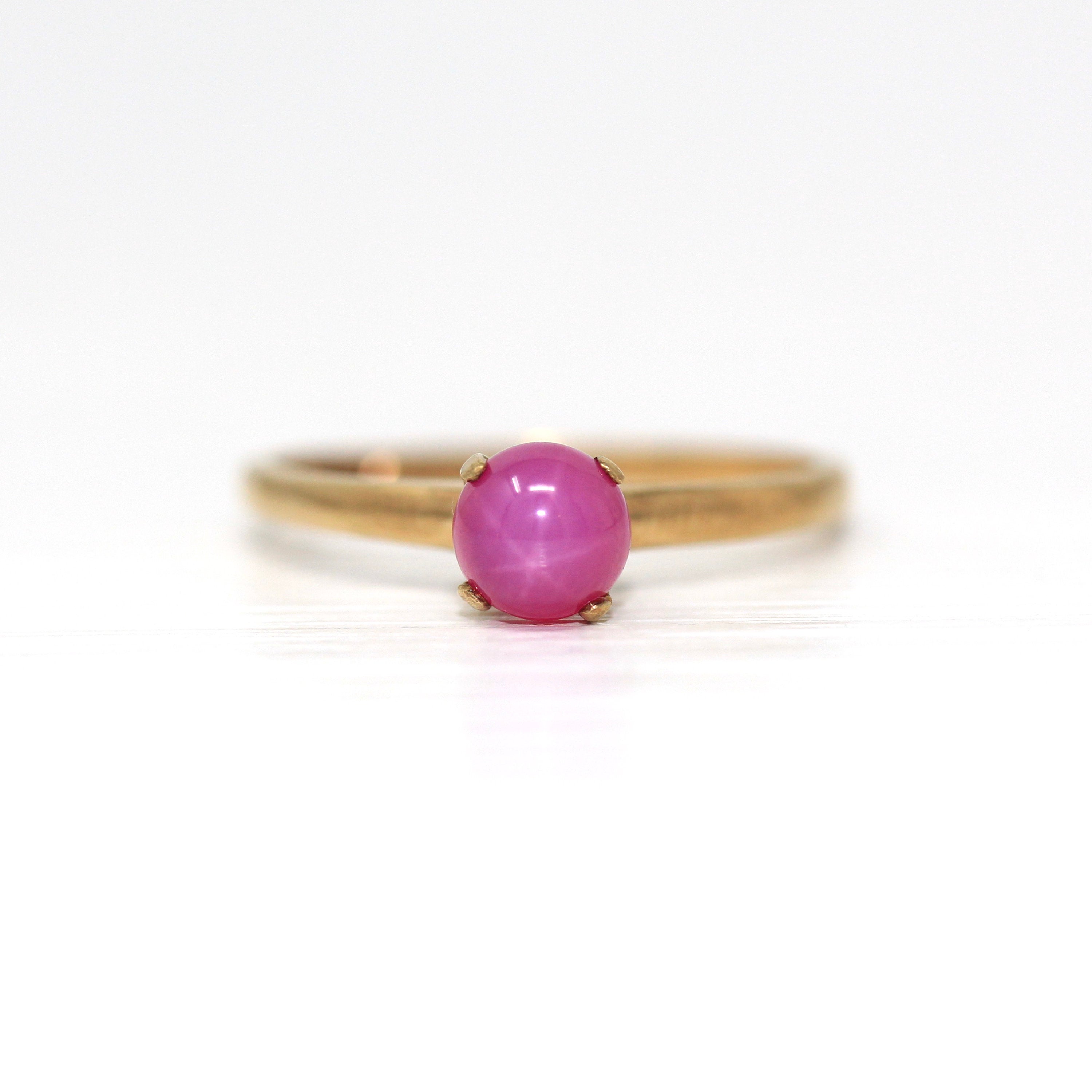 Sale - Created Star Ruby Ring - Retro 10k Yellow Gold Cabochon Cut .82 CT Stone - Vintage 1960s Era Size 6 Celestial New Old Stock Jewelry