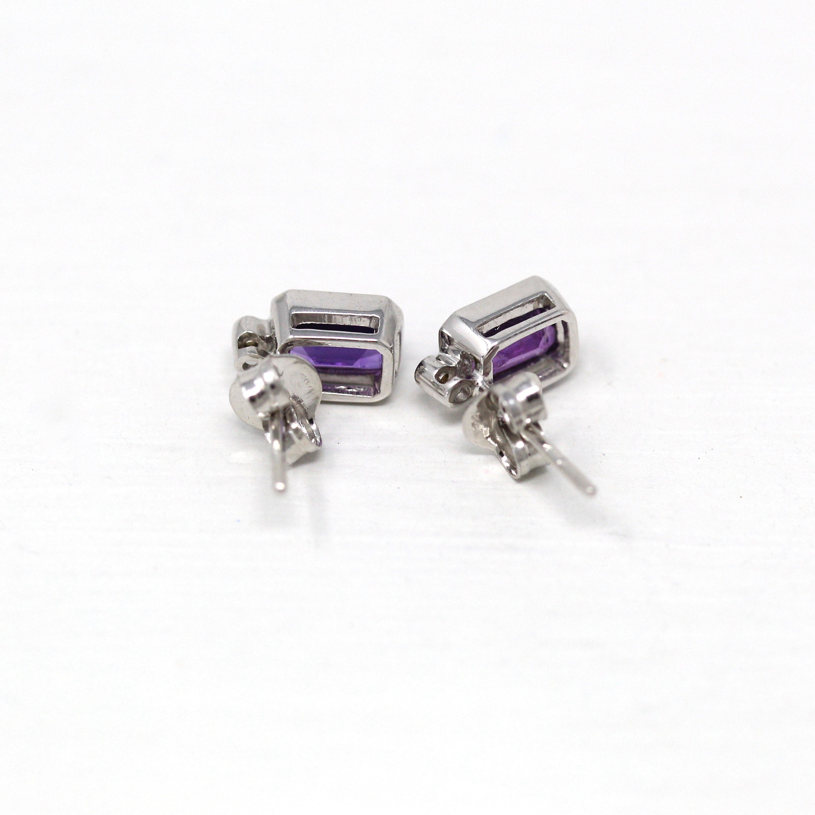 Sale - Amethyst & Diamond Earrings - Modern 10k White Gold Emerald Cut .84 CTW Gems - Estate Circa 2000's February Birthstone Fine Jewelry