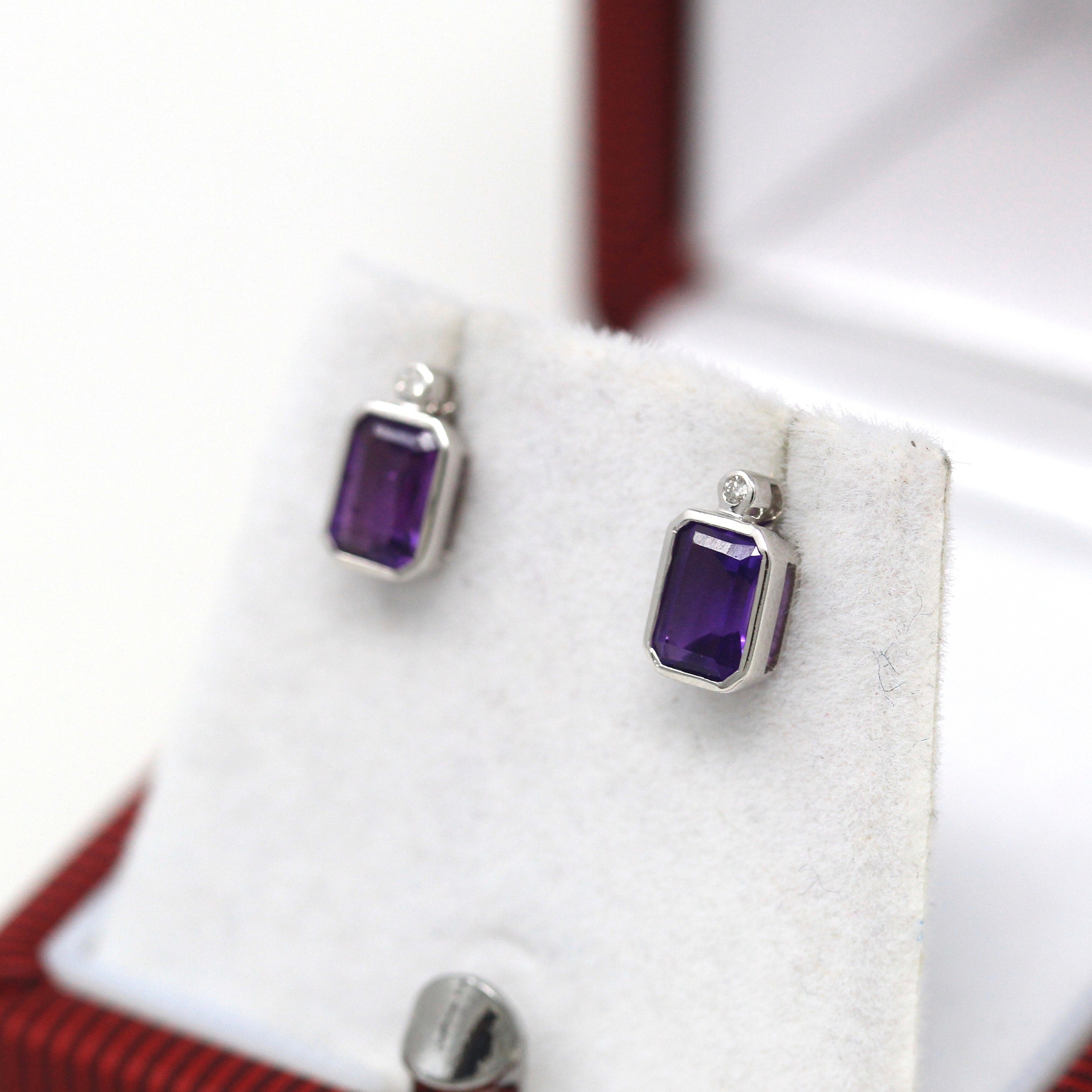 Sale - Amethyst & Diamond Earrings - Modern 10k White Gold Emerald Cut .84 CTW Gems - Estate Circa 2000's February Birthstone Fine Jewelry